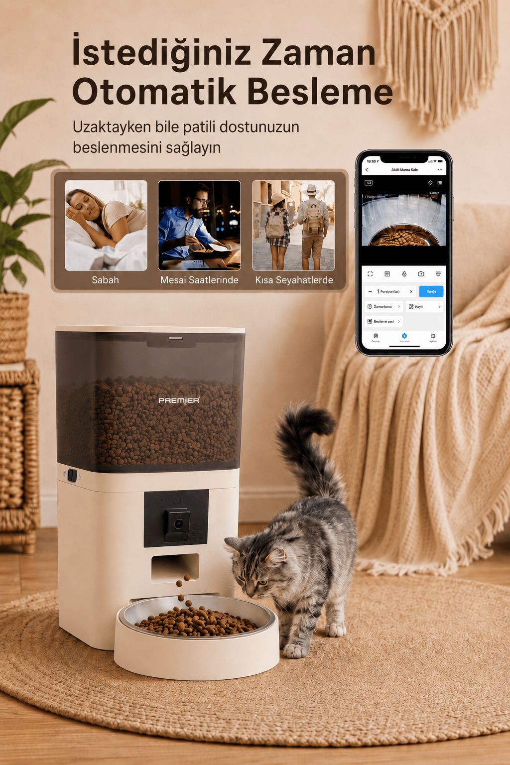 PPF 1009 - Wi-Fi Özellikli Kameralı Akıllı Otomatik Mama Kabı 6 Lt Mobil Uygulama ile Yemek Programı ve Manuel Besleme - Petmate Smart Pro - Krem - Yenilenen Tasarım