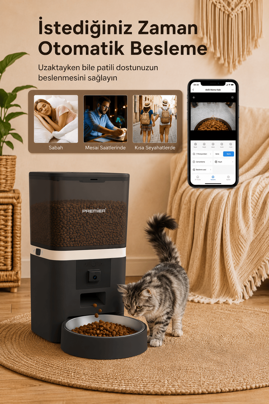 PPF 1009 - Wi-Fi Özellikli Kameralı Akıllı Otomatik Mama Kabı 6 Lt Mobil Uygulama ile Yemek Programı ve Manuel Besleme - Petmate Smart Pro - Siyah - Yenilenen Tasarım