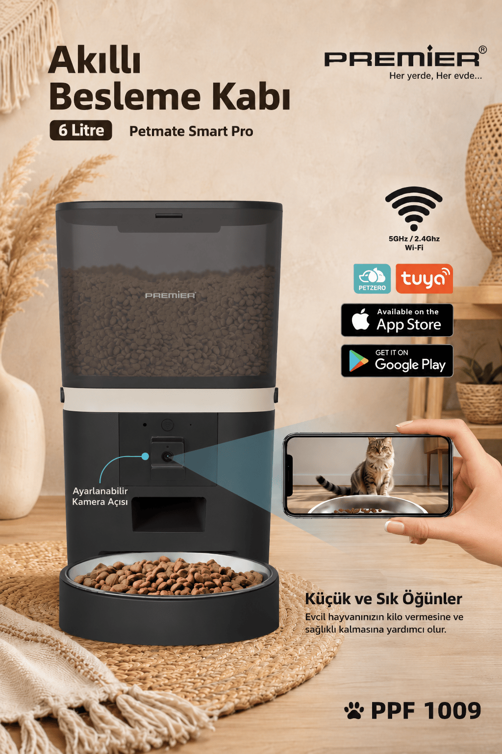 PPF 1009 - Wi-Fi Özellikli Kameralı Akıllı Otomatik Mama Kabı 6 Lt Mobil Uygulama ile Yemek Programı ve Manuel Besleme - Petmate Smart Pro - Siyah - Yenilenen Tasarım