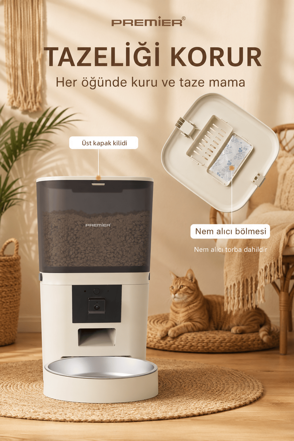 PPF 1009 - Wi-Fi Özellikli Kameralı Akıllı Otomatik Mama Kabı 6 Lt Mobil Uygulama ile Yemek Programı ve Manuel Besleme - Petmate Smart Pro - Krem - Yenilenen Tasarım
