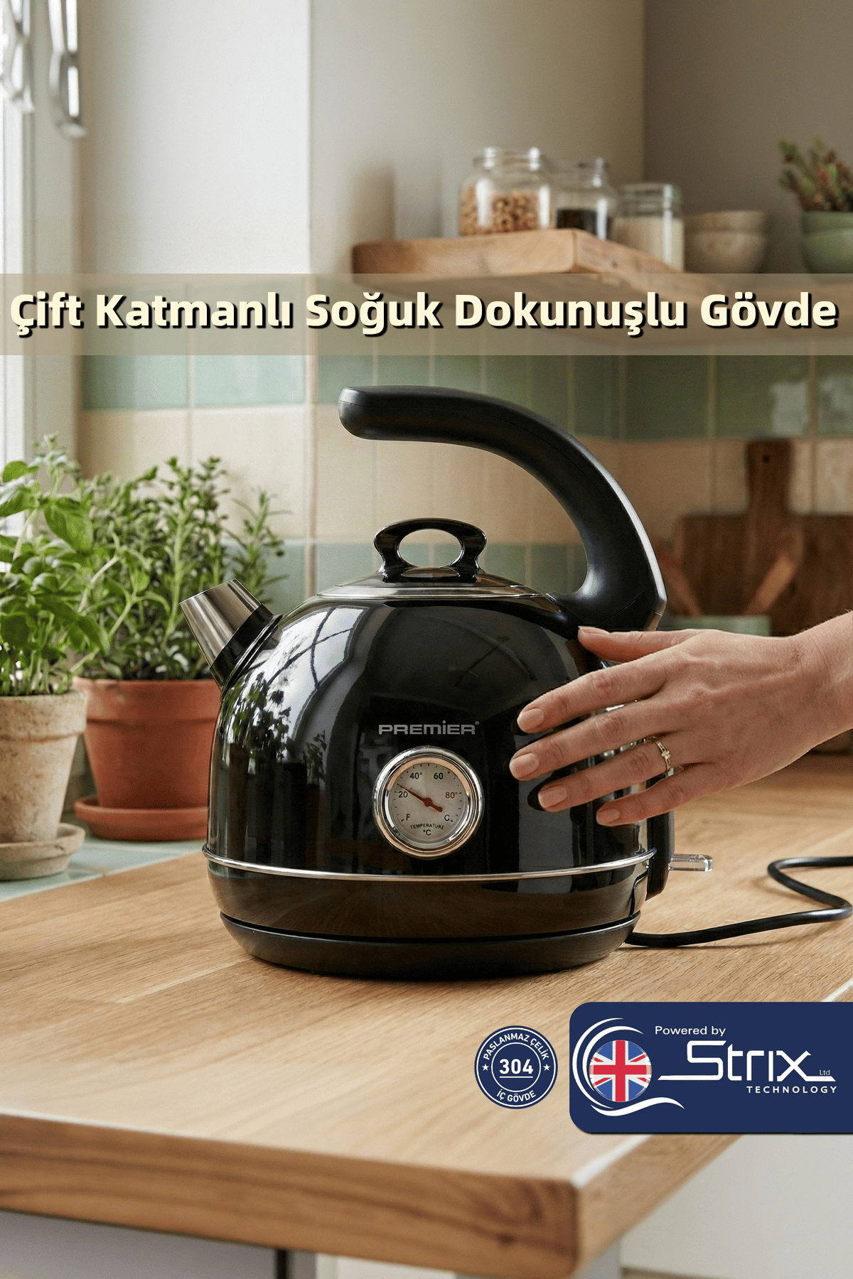 PRK 1215C Retro Tasarımlı Analog Göstergeli Paslanmaz Çelik Hazneli Su Isıtıcısı Cool Touch Kettle | Siyah