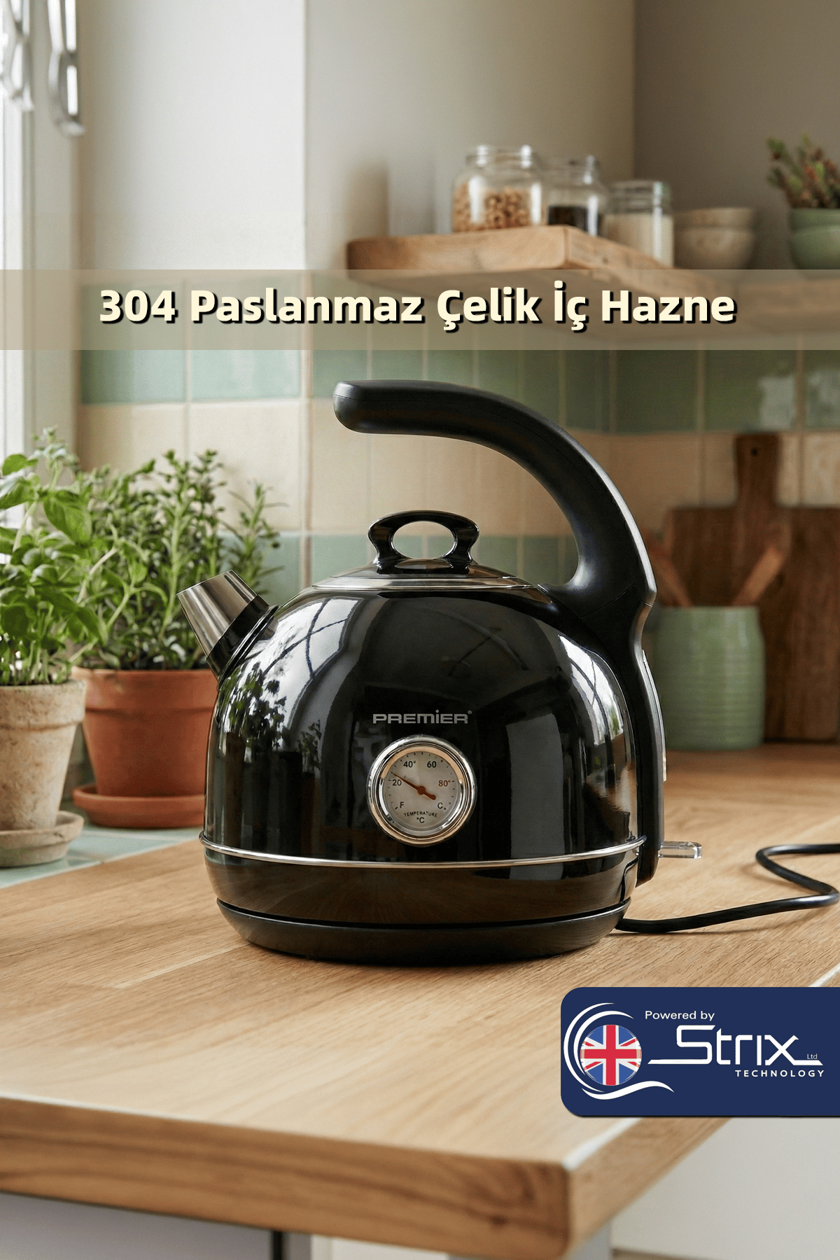 PRK 1215C Retro Tasarımlı Analog Göstergeli Paslanmaz Çelik Hazneli Su Isıtıcısı Cool Touch Kettle | Siyah
