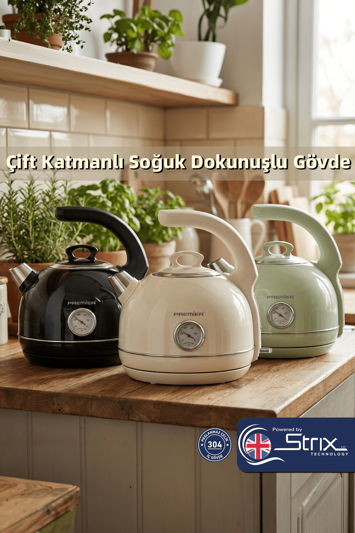 PRK 1215C Retro Tasarımlı Analog Göstergeli Paslanmaz Çelik Hazneli Su Isıtıcısı Cool Touch Kettle | Krem