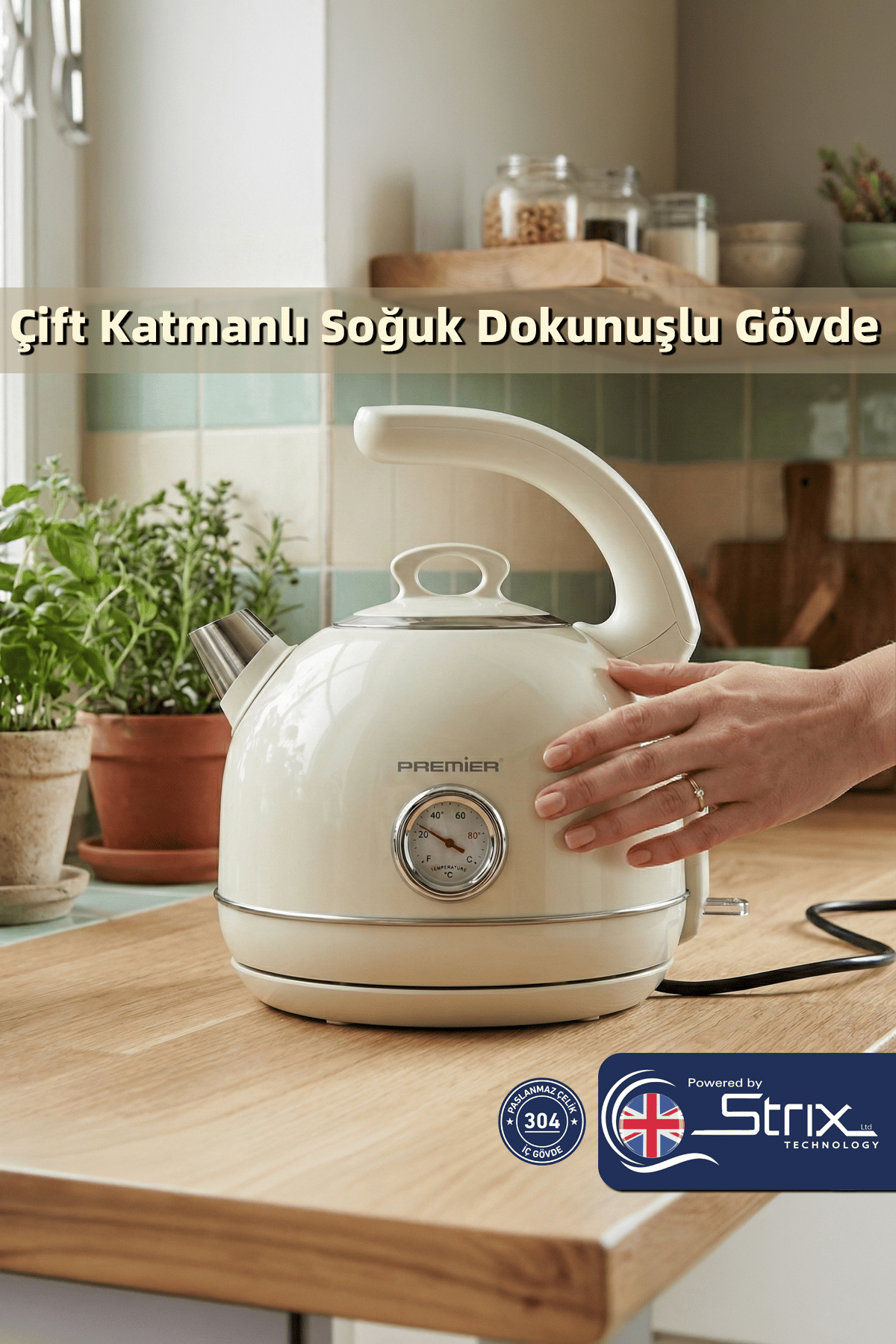 PRK 1215C Retro Tasarımlı Analog Göstergeli Paslanmaz Çelik Hazneli Su Isıtıcısı Cool Touch Kettle | Krem