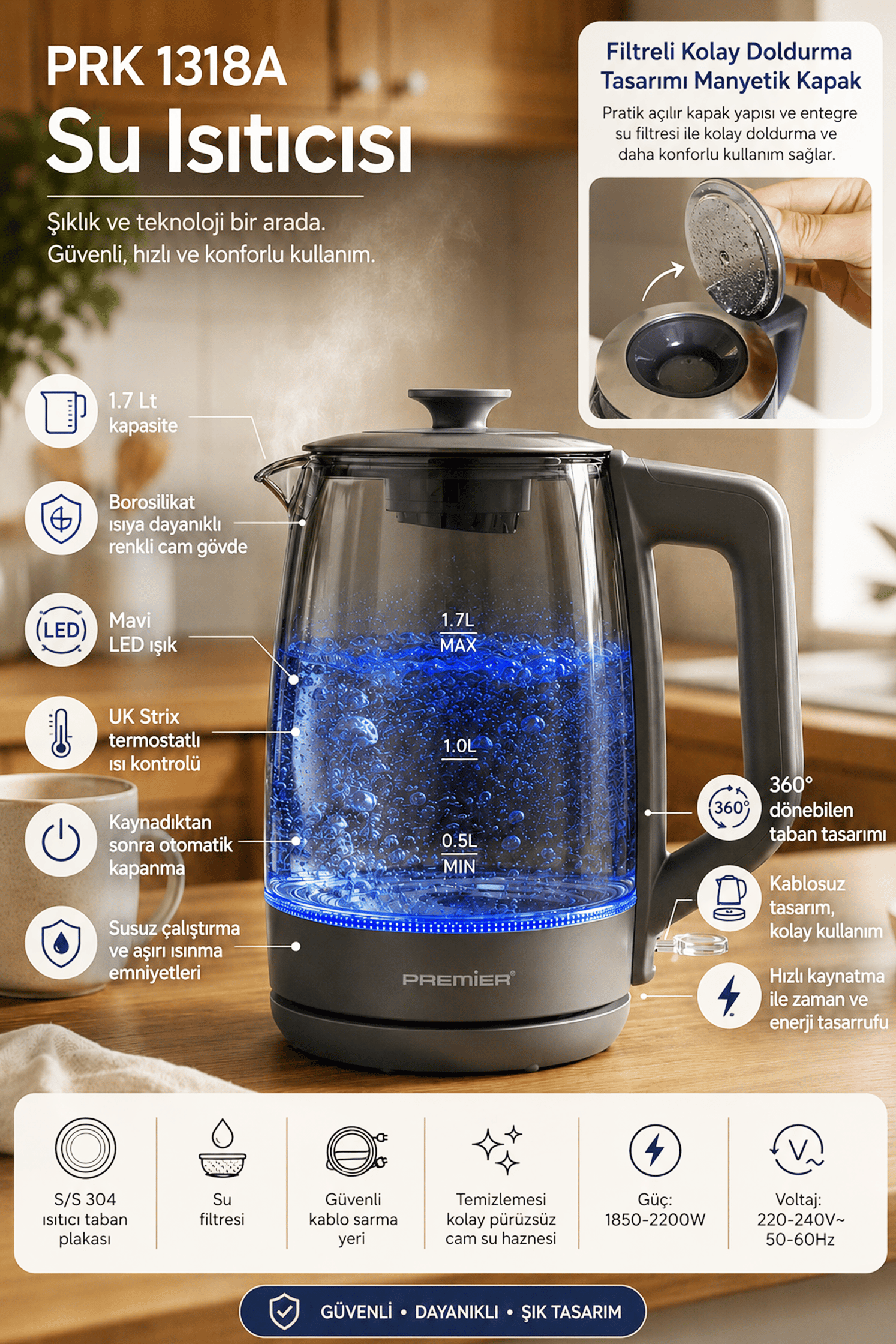 PRK 1318A Borosilikat Renkli Cam Gövdeli, Manyetik Filtre Kapaklı Kettle - LED Işıklı