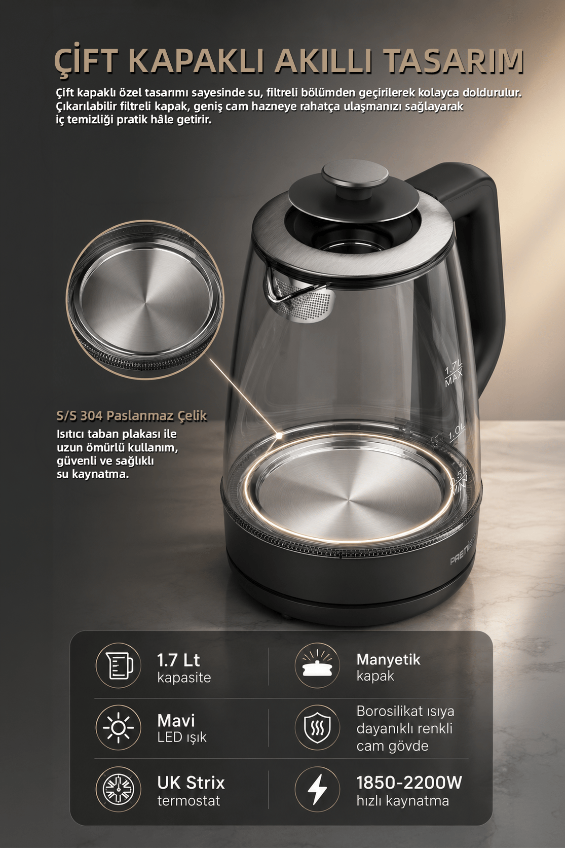 PRK 1318A Borosilikat Renkli Cam Gövdeli, Manyetik Filtre Kapaklı Kettle - LED Işıklı