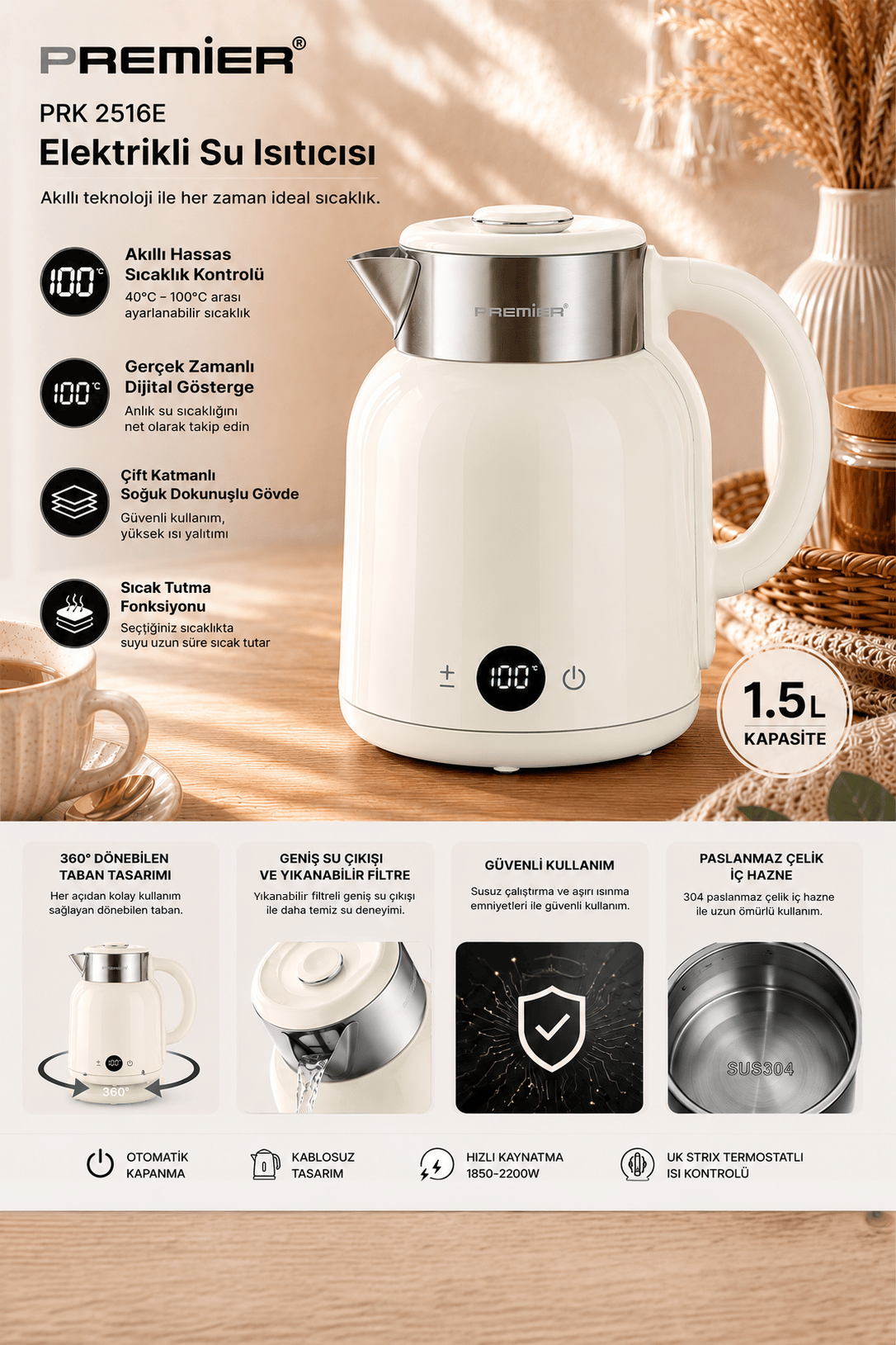 PRK 2516E Paslanmaz Çelik Hazneli Dijital Göstergeli Su Isıtıcısı Cool Touch Kettle - Krem
