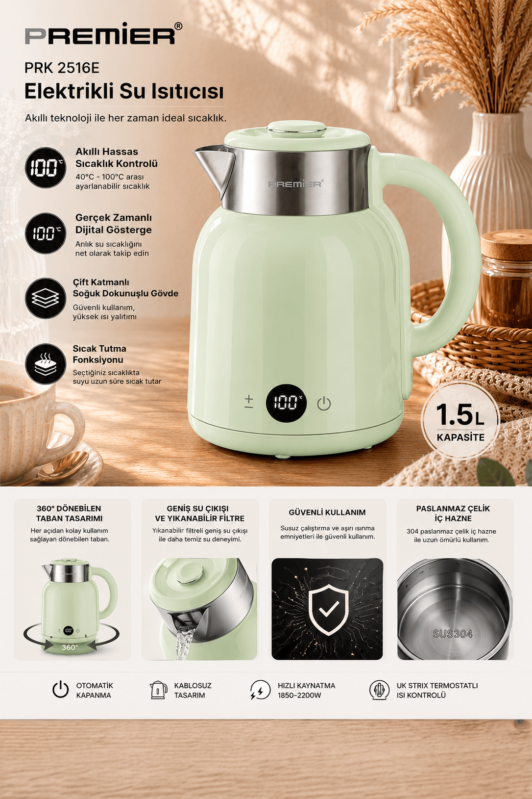PRK 2516E Paslanmaz Çelik Hazneli Dijital Göstergeli Su Isıtıcısı Cool Touch Kettle - Yeşil