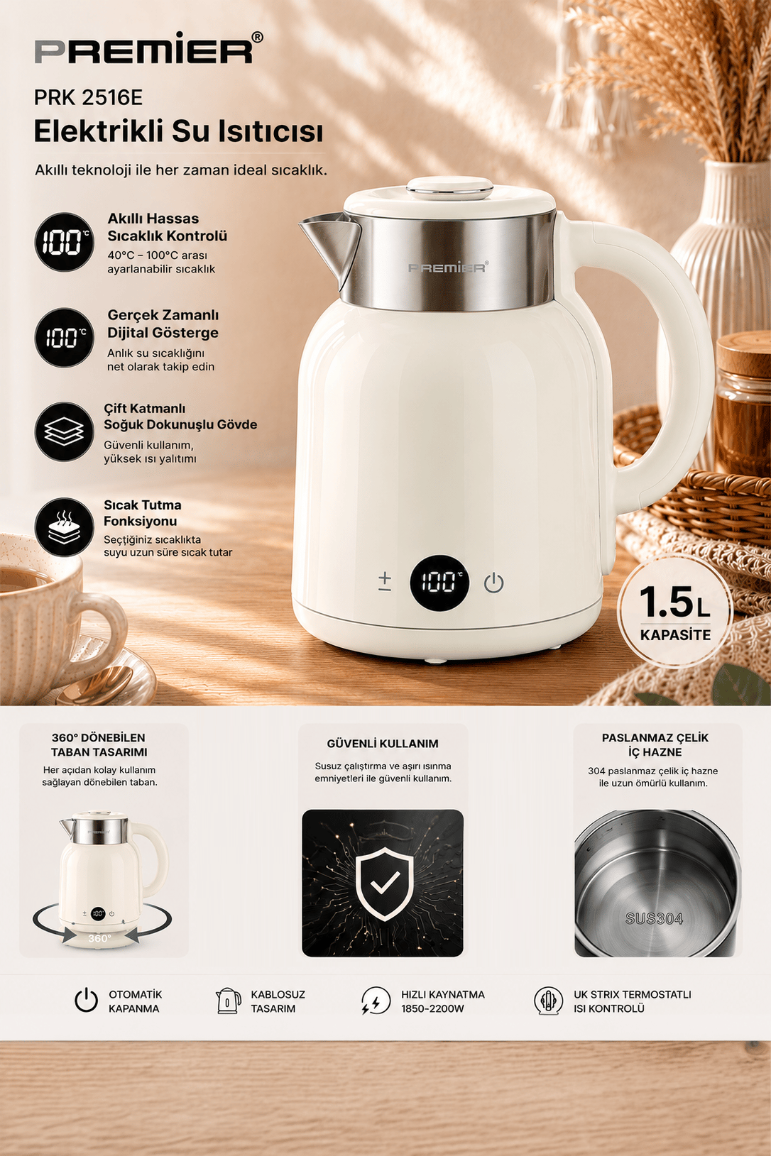 PRK 2516E Paslanmaz Çelik Hazneli Dijital Göstergeli Su Isıtıcısı Cool Touch Kettle - Krem