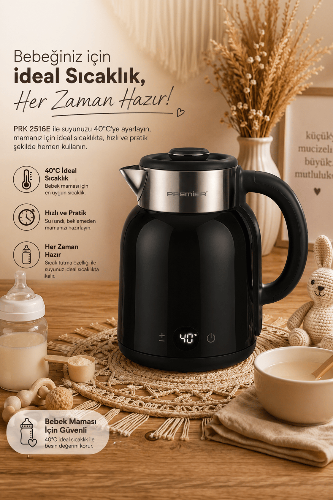 PRK 2516E Paslanmaz Çelik Hazneli Dijital Göstergeli Su Isıtıcısı Cool Touch Kettle - Siyah