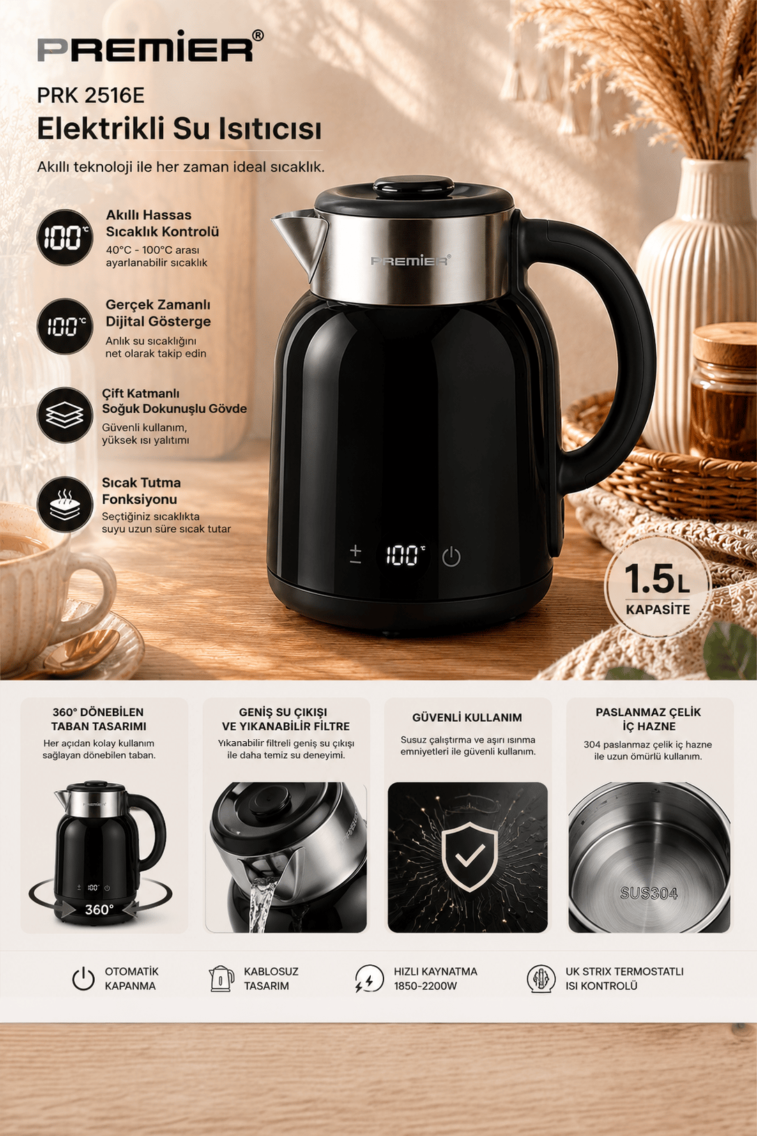 PRK 2516E Paslanmaz Çelik Hazneli Dijital Göstergeli Su Isıtıcısı Cool Touch Kettle - Siyah