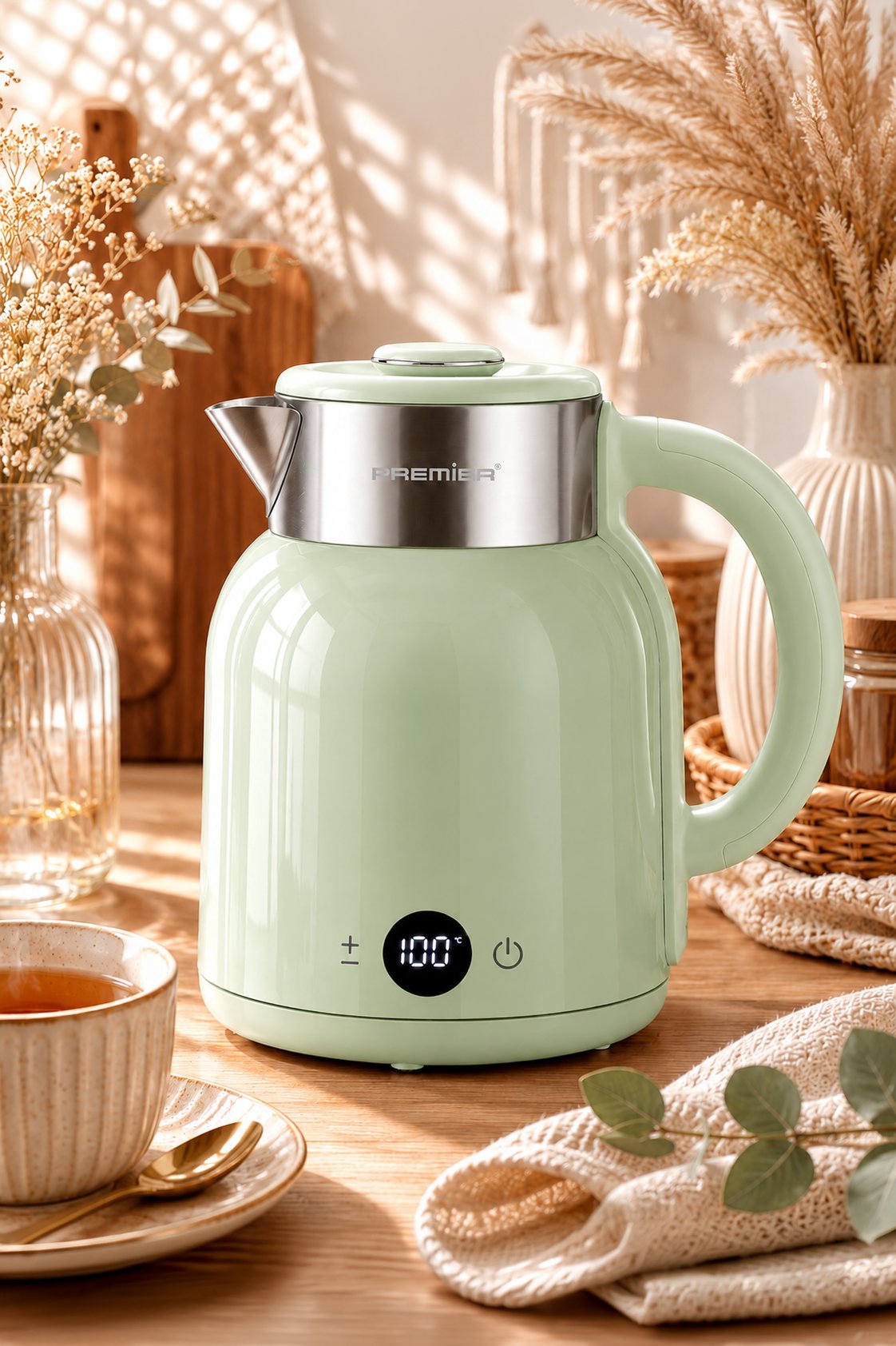 PRK 2516E Paslanmaz Çelik Hazneli Dijital Göstergeli Su Isıtıcısı Cool Touch Kettle - Yeşil