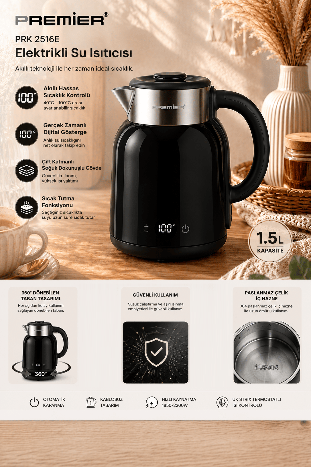 PRK 2516E Paslanmaz Çelik Hazneli Dijital Göstergeli Su Isıtıcısı Cool Touch Kettle - Siyah