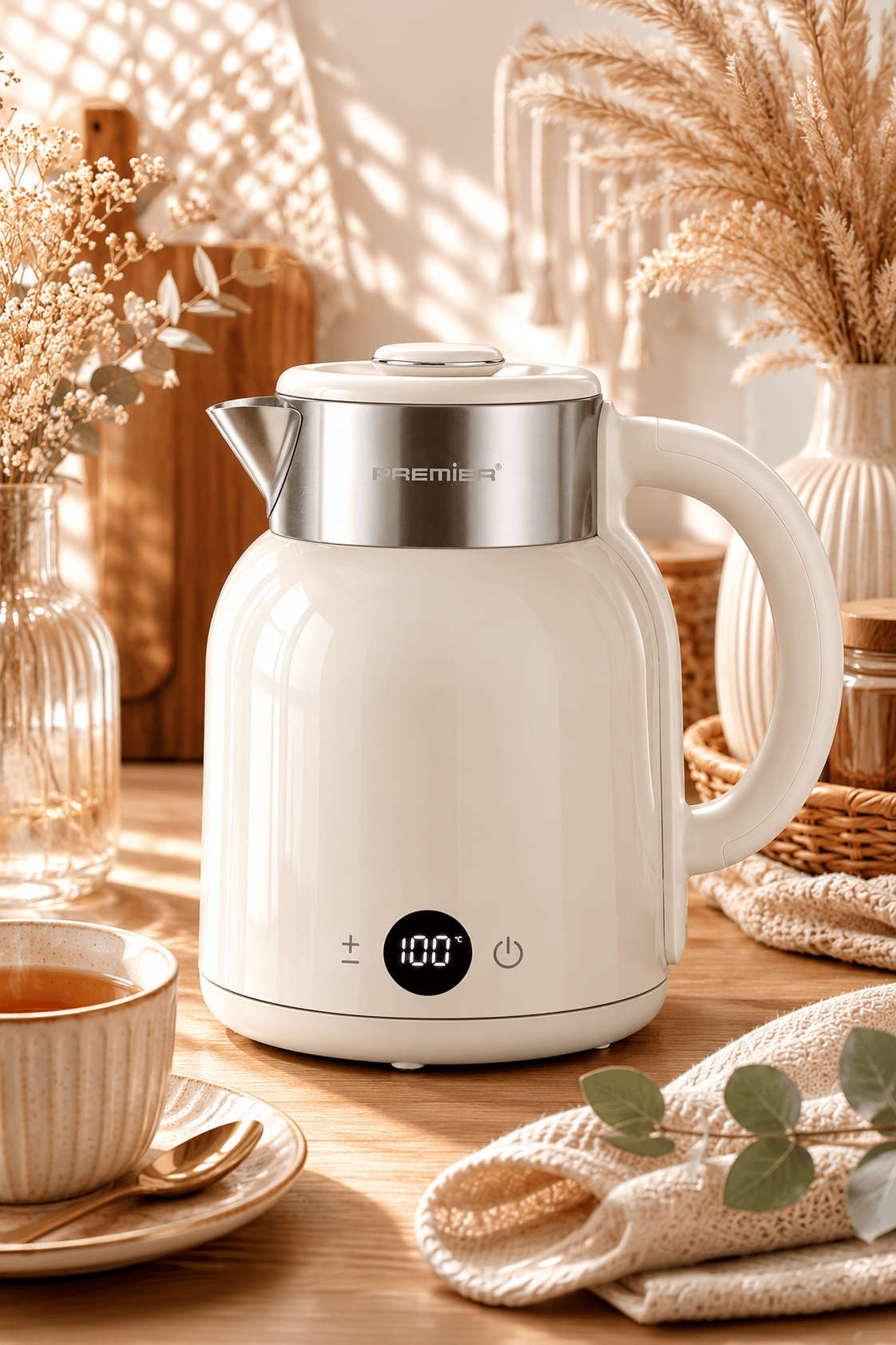 PRK 2516E Paslanmaz Çelik Hazneli Dijital Göstergeli Su Isıtıcısı Cool Touch Kettle - Krem