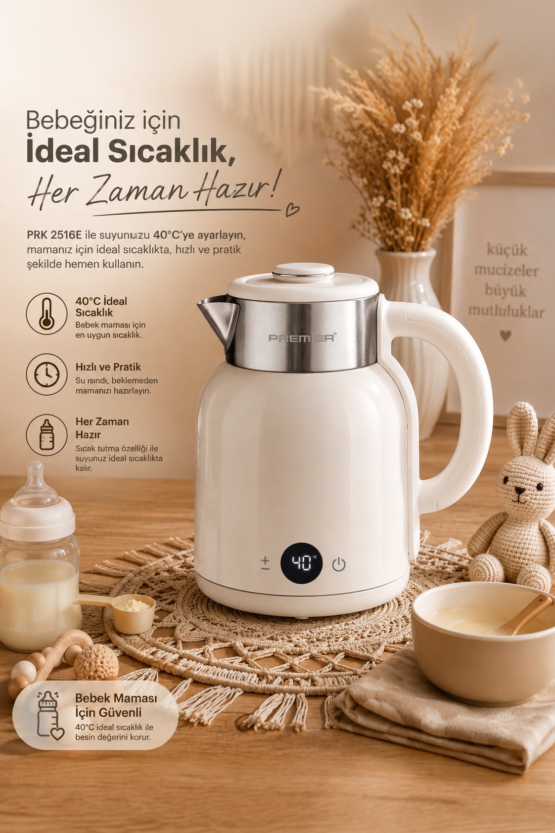 PRK 2516E Paslanmaz Çelik Hazneli Dijital Göstergeli Su Isıtıcısı Cool Touch Kettle - Krem