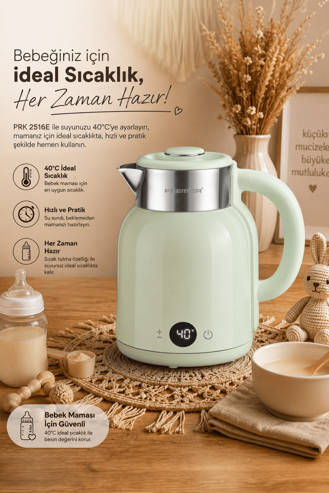 PRK 2516E Paslanmaz Çelik Hazneli Dijital Göstergeli Su Isıtıcısı Cool Touch Kettle - Yeşil