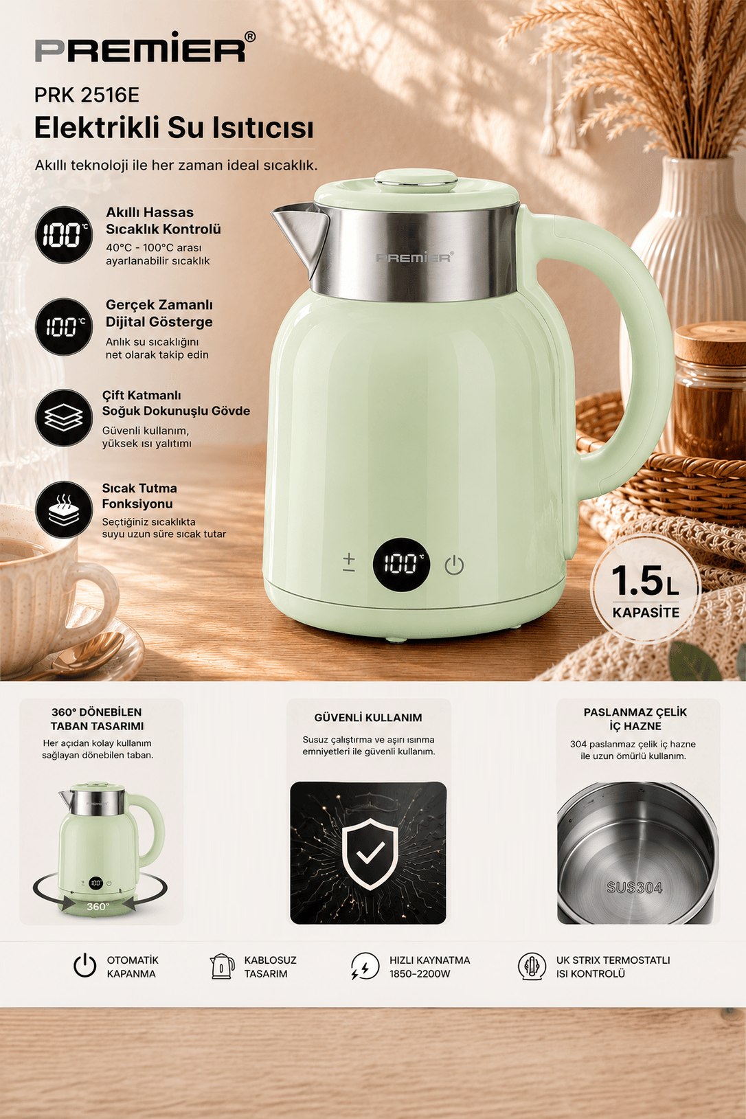 PRK 2516E Paslanmaz Çelik Hazneli Dijital Göstergeli Su Isıtıcısı Cool Touch Kettle - Yeşil