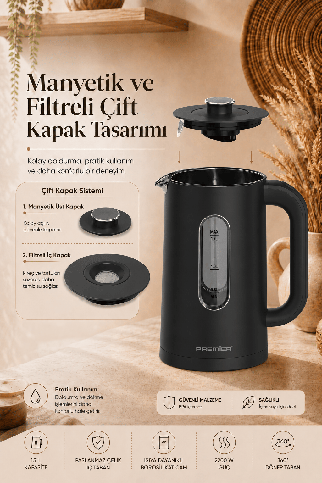 PRK 3218A Isıya Dayanıklı Cam Hazneli LED ışıklı Su Isıtıcısı Cool Touch Kettle - Siyah