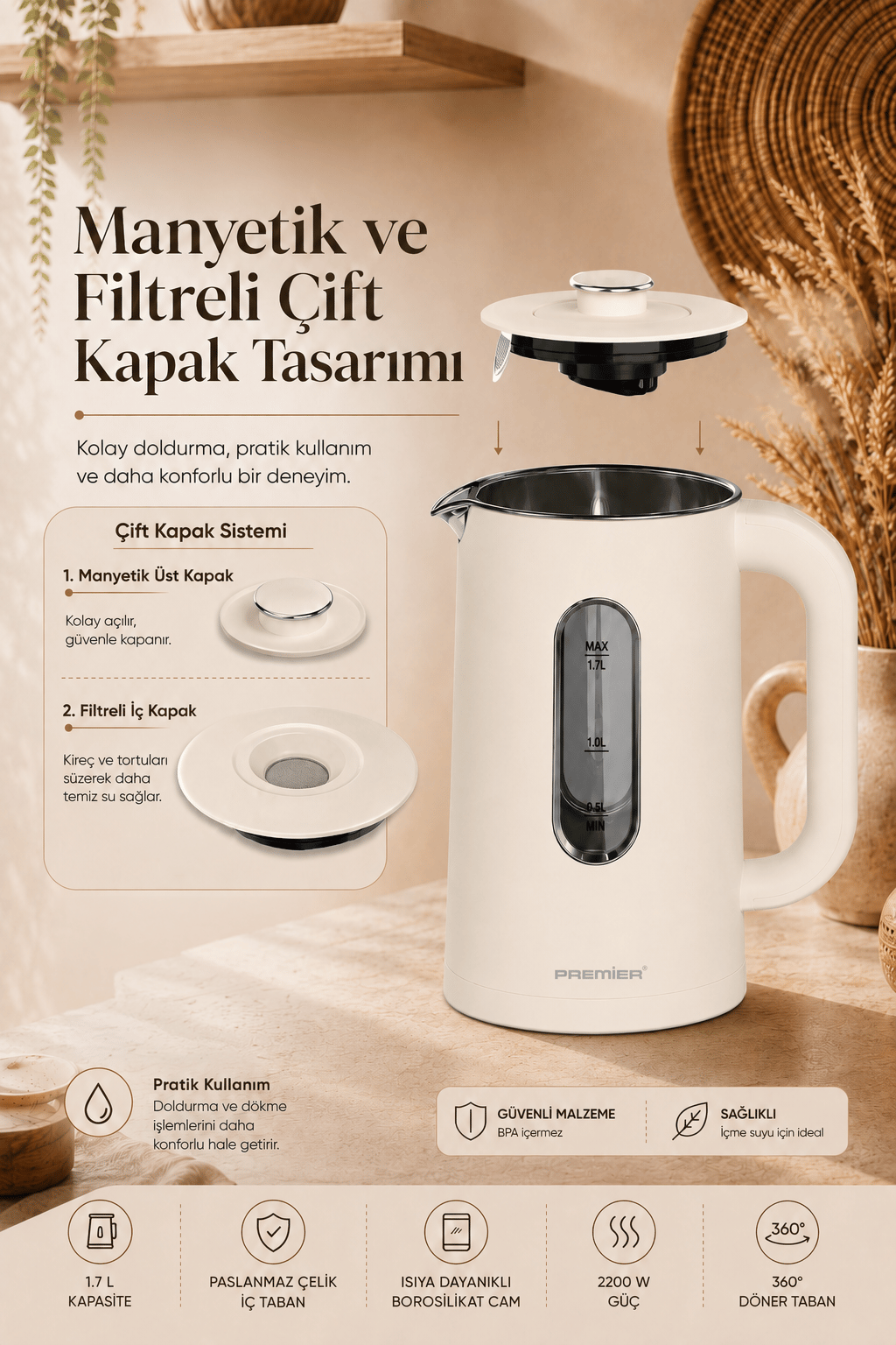 PRK 3218A Isıya Dayanıklı Cam Hazneli LED ışıklı Su Isıtıcısı Cool Touch Kettle - Krem