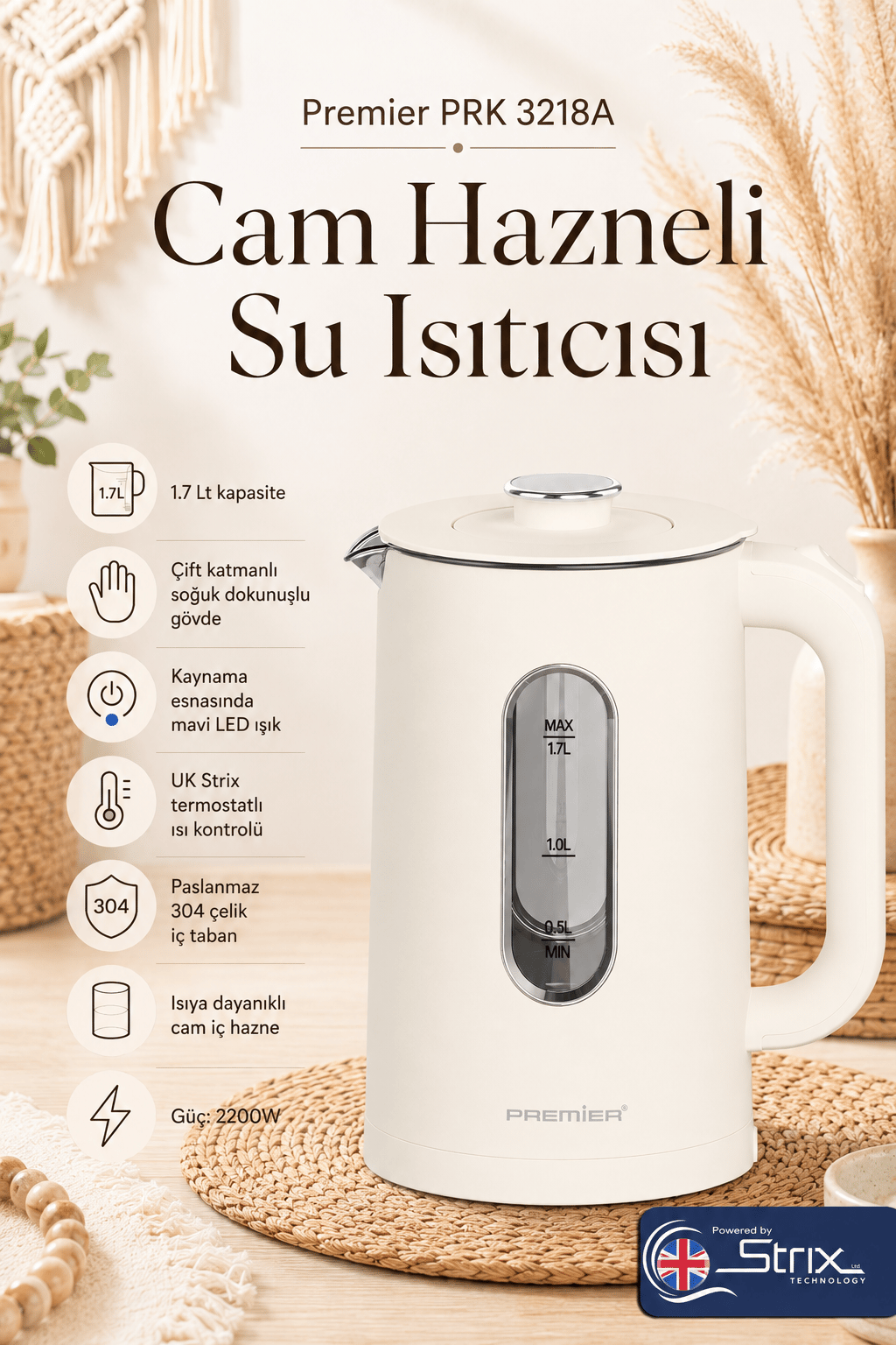 PRK 3218A Isıya Dayanıklı Cam Hazneli LED ışıklı Su Isıtıcısı Cool Touch Kettle - Krem