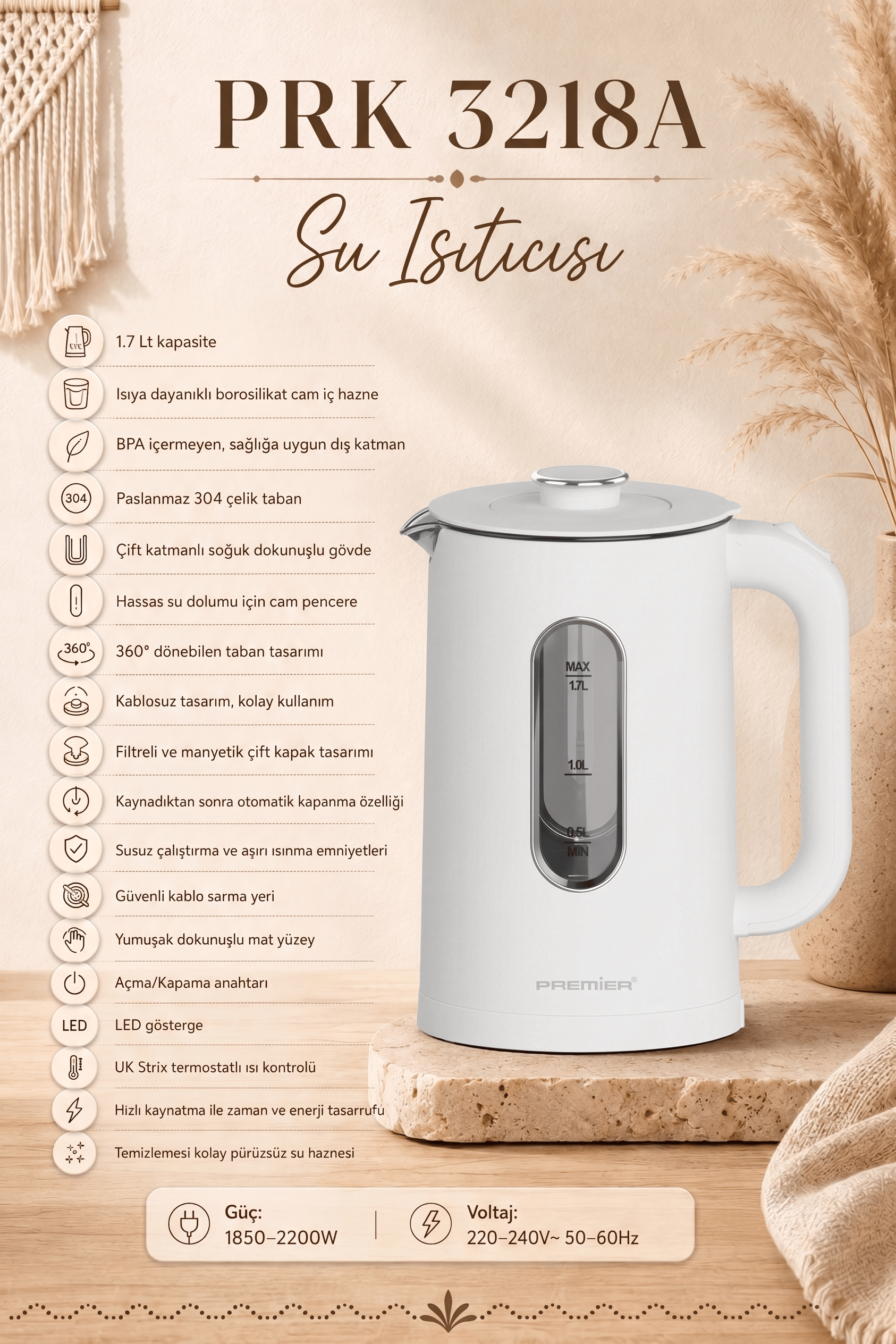 PRK 3218A Isıya Dayanıklı Cam Hazneli LED ışıklı Su Isıtıcısı Cool Touch Kettle - Beyaz