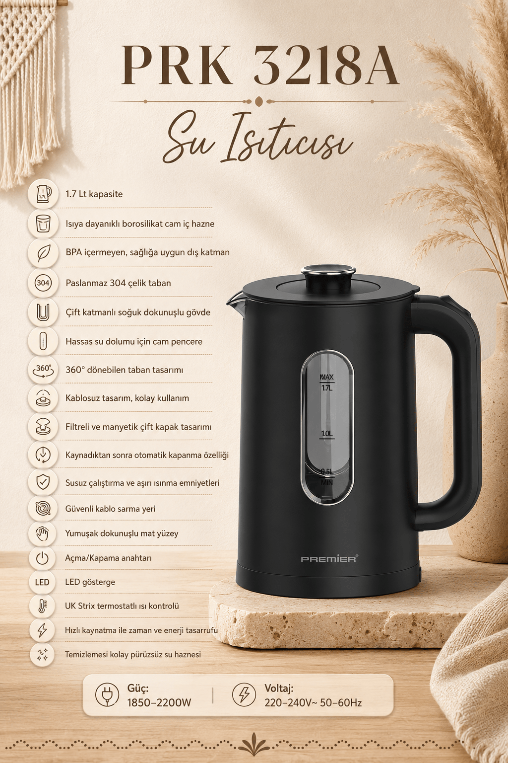 PRK 3218A Isıya Dayanıklı Cam Hazneli LED ışıklı Su Isıtıcısı Cool Touch Kettle - Siyah
