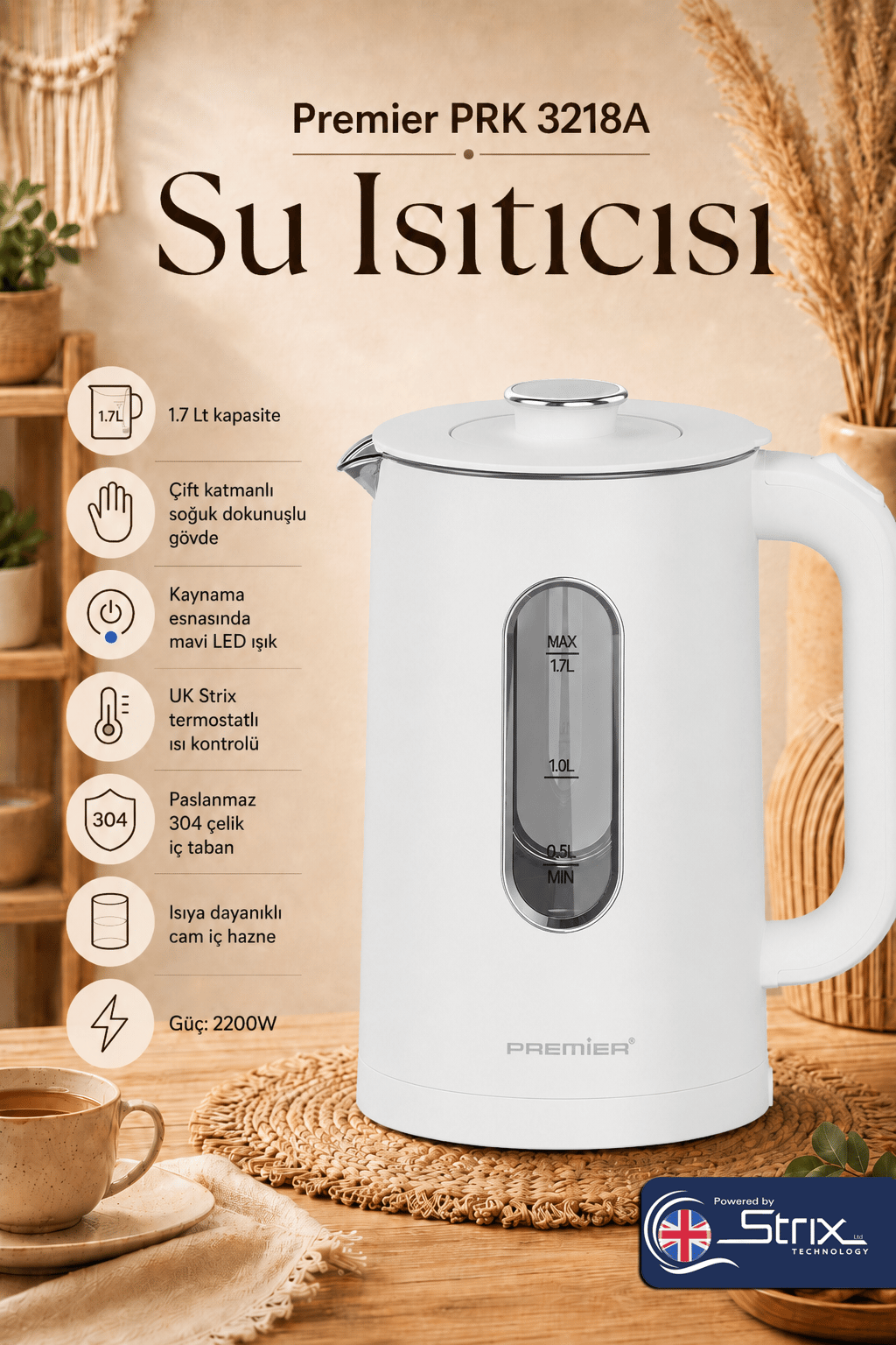 PRK 3218A Isıya Dayanıklı Cam Hazneli LED ışıklı Su Isıtıcısı Cool Touch Kettle - Beyaz