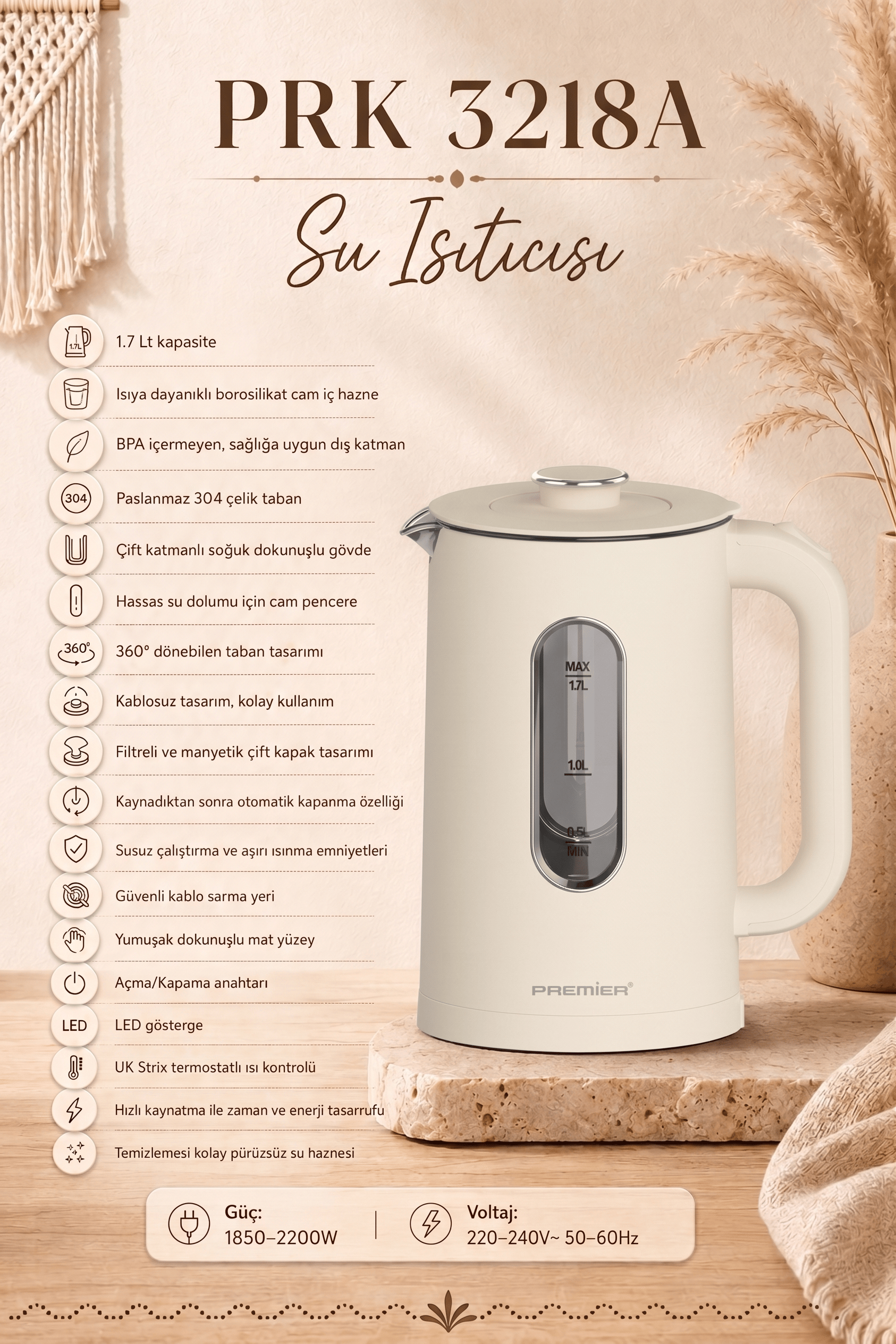 PRK 3218A Isıya Dayanıklı Cam Hazneli LED ışıklı Su Isıtıcısı Cool Touch Kettle - Krem