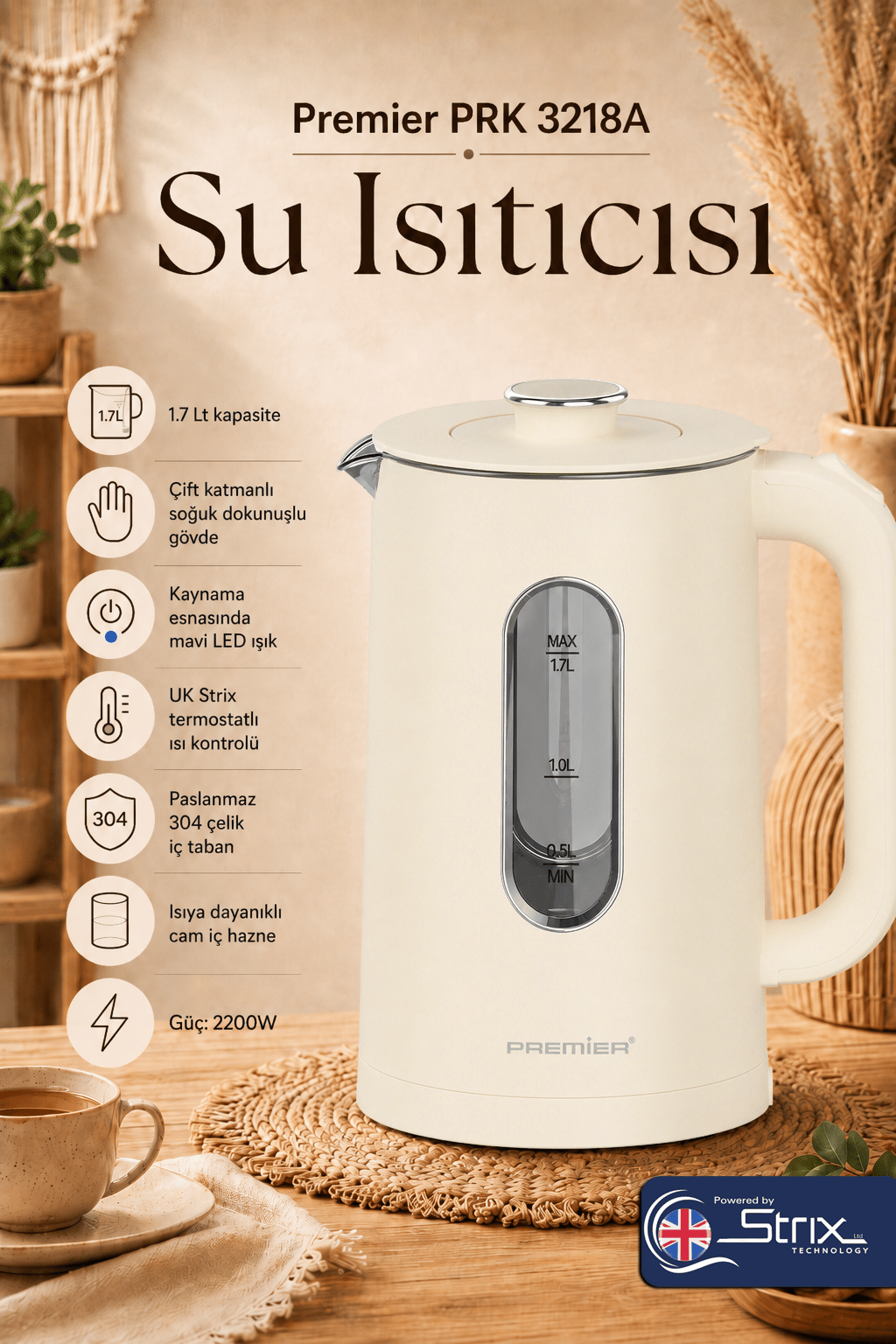PRK 3218A Isıya Dayanıklı Cam Hazneli LED ışıklı Su Isıtıcısı Cool Touch Kettle - Krem