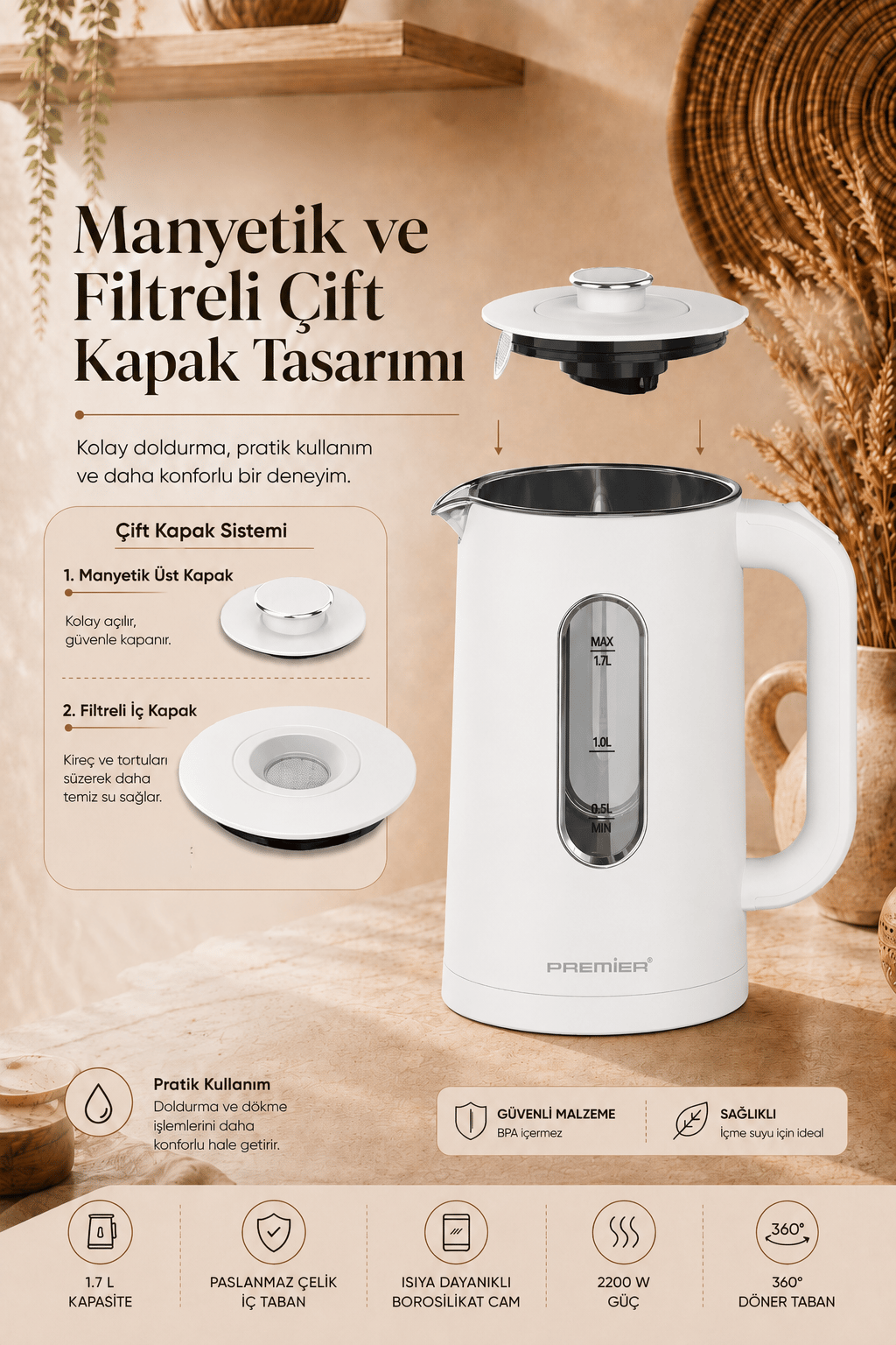 PRK 3218A Isıya Dayanıklı Cam Hazneli LED ışıklı Su Isıtıcısı Cool Touch Kettle - Beyaz