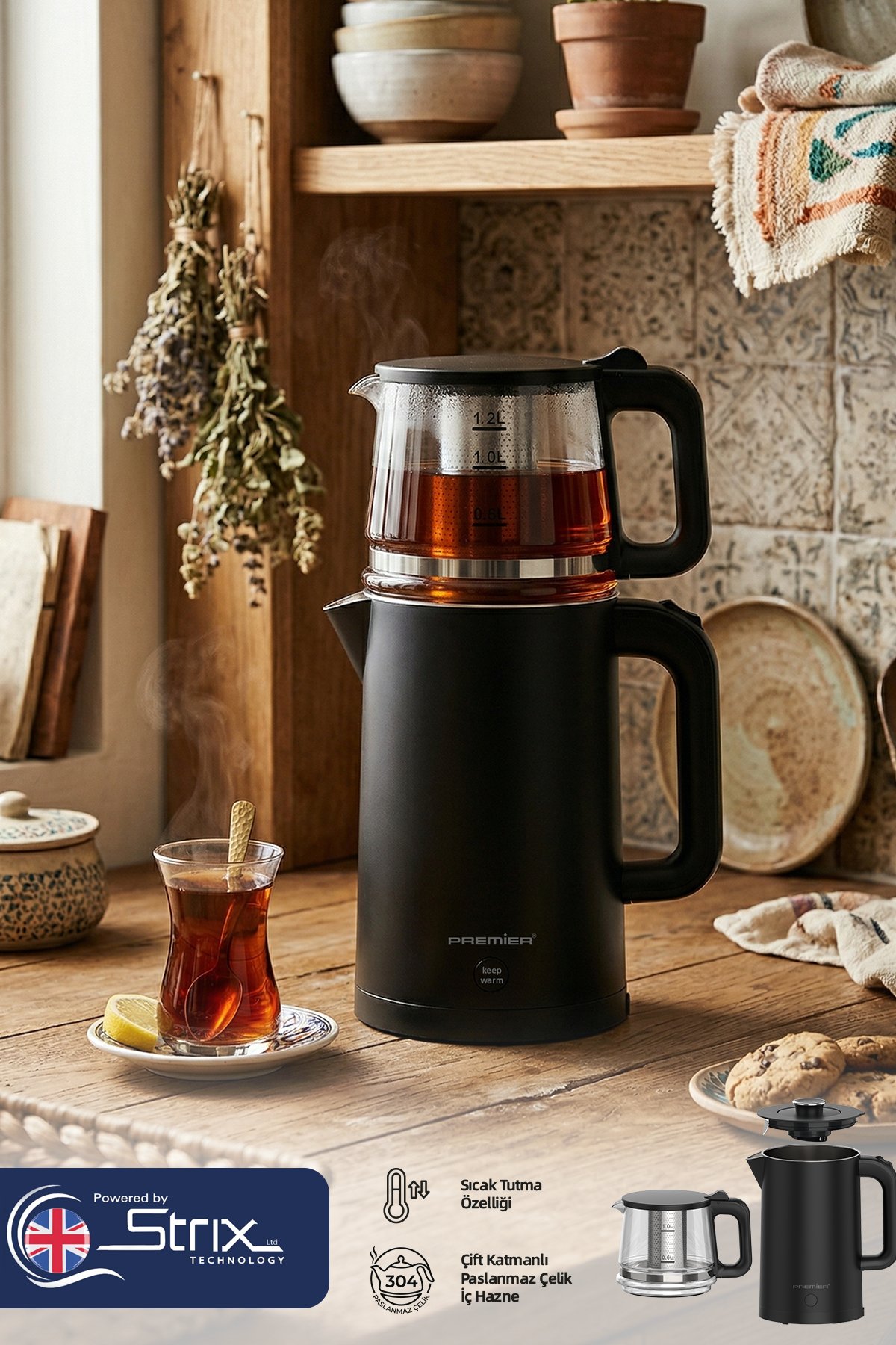 PTP 3418 2in1 Çay Makinesi & Su Isıtıcı Özellikli – 304 Paslanmaz Çelik, Çift Katmanlı
