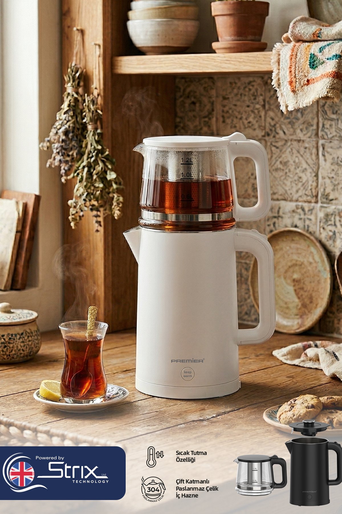 PTP 3418 2in1 Çay Makinesi & Su Isıtıcı Özellikli – 304 Paslanmaz Çelik, Çift Katmanlı - Beyaz