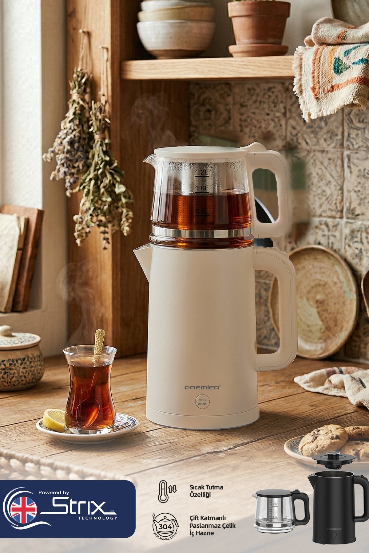 PTP 3418 2in1 Çay Makinesi & Su Isıtıcı Özellikli – 304 Paslanmaz Çelik, Çift Katmanlı - Krem