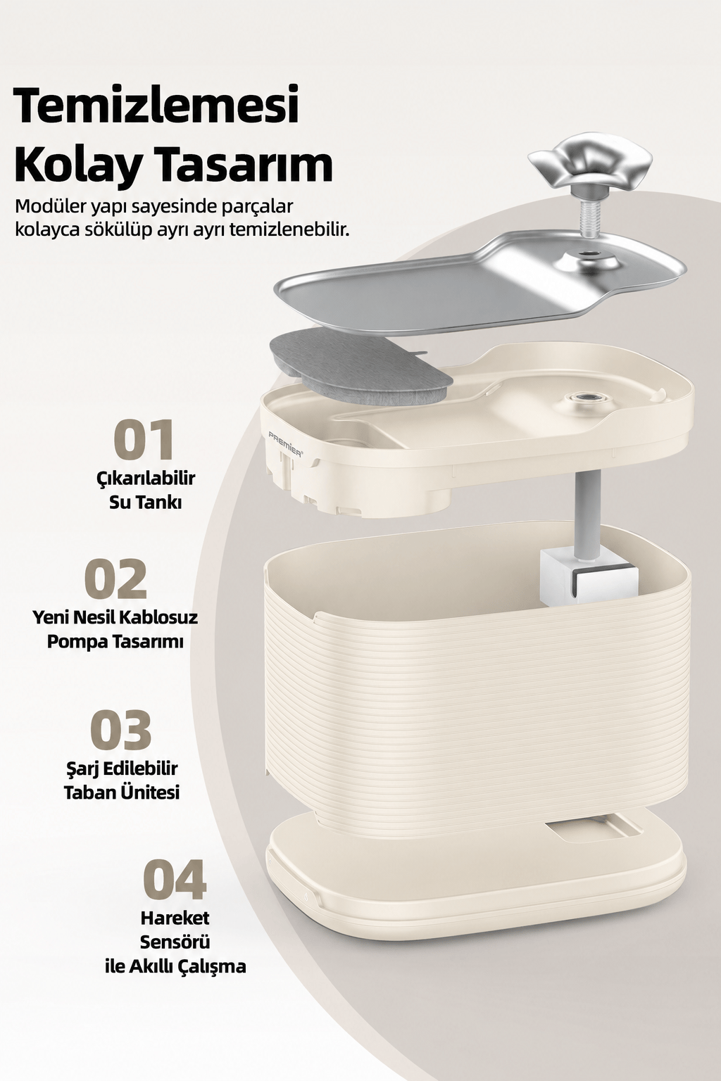 PWF 2150 Akıllı Otomatik Sensörlü Kedi Köpek Paslanmaz Çelik Su Çeşmesi 2,5L - Petmate Flowsense - Krem