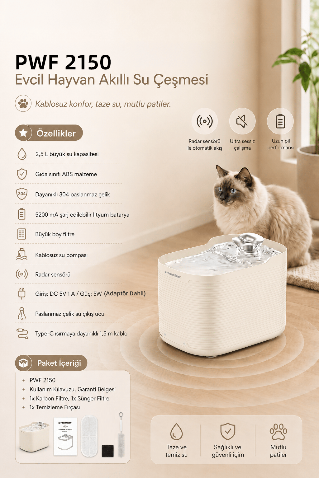 PWF 2150 Akıllı Otomatik Sensörlü Kedi Köpek Paslanmaz Çelik Su Çeşmesi 2,5L - Petmate Flowsense - Krem
