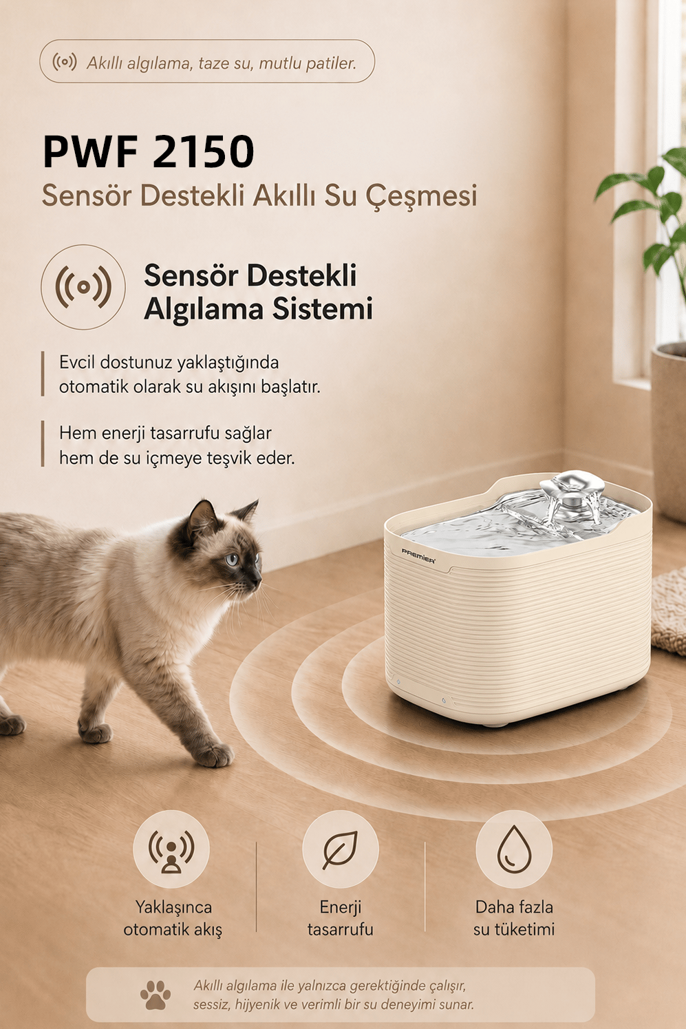 PWF 2150 Akıllı Otomatik Sensörlü Kedi Köpek Paslanmaz Çelik Su Çeşmesi 2,5L - Petmate Flowsense - Krem
