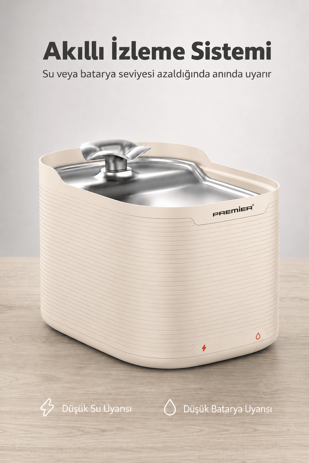 PWF 2150 Akıllı Otomatik Sensörlü Kedi Köpek Paslanmaz Çelik Su Çeşmesi 2,5L - Petmate Flowsense - Krem
