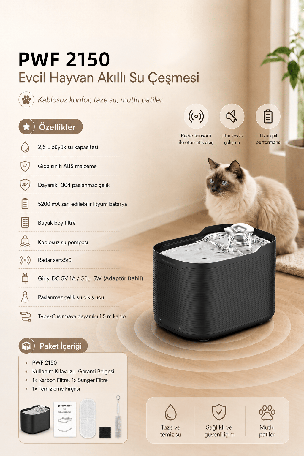 PWF 2150 - Evcil Hayvan Akıllı Su Çeşmesi - Petmate Flowsense - Siyah