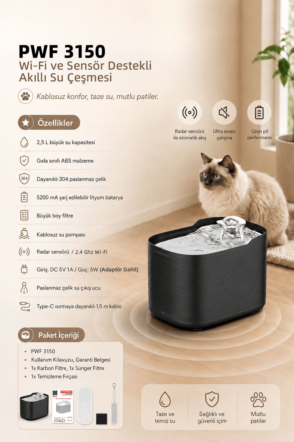PWF 3150 Petmate Flowsense Pro - Wi-Fi ve Sensörlü Akıllı Otomatik Kedi Köpek Su Çeşmesi 2,5 L – Paslanmaz Çelik - BPA içermez - Siyah
