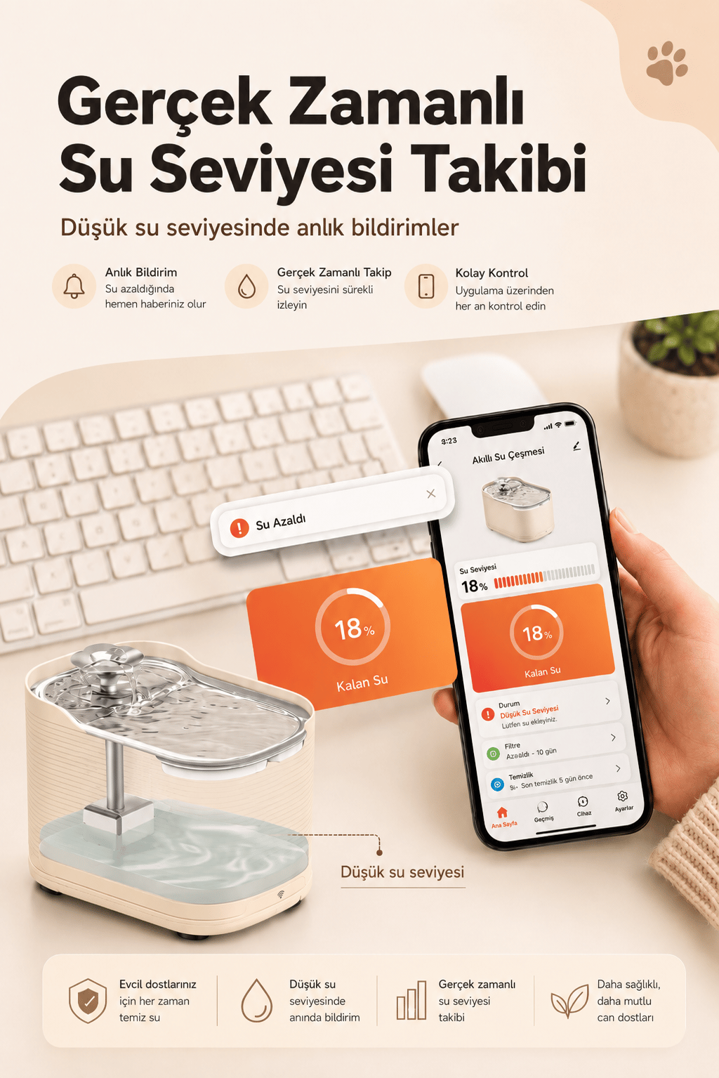 PWF 3150 Petmate Flowsense Pro - Wi-Fi ve Sensörlü Akıllı Otomatik Kedi Köpek Su Çeşmesi 2,5 L – Paslanmaz Çelik - BPA içermez - Krem