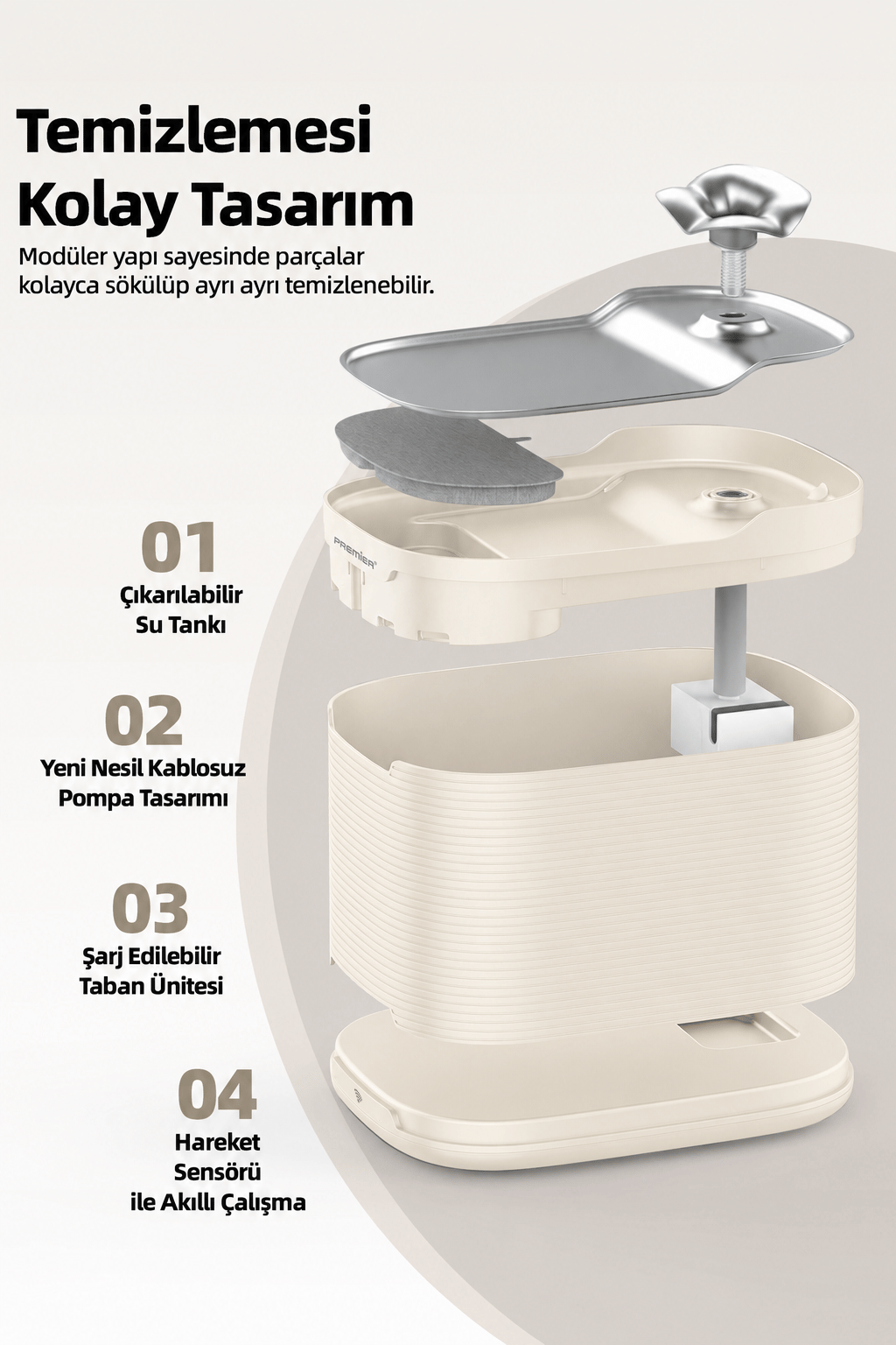 PWF 3150 Petmate Flowsense Pro - Wi-Fi ve Sensörlü Akıllı Otomatik Kedi Köpek Su Çeşmesi 2,5 L – Paslanmaz Çelik - BPA içermez - Krem