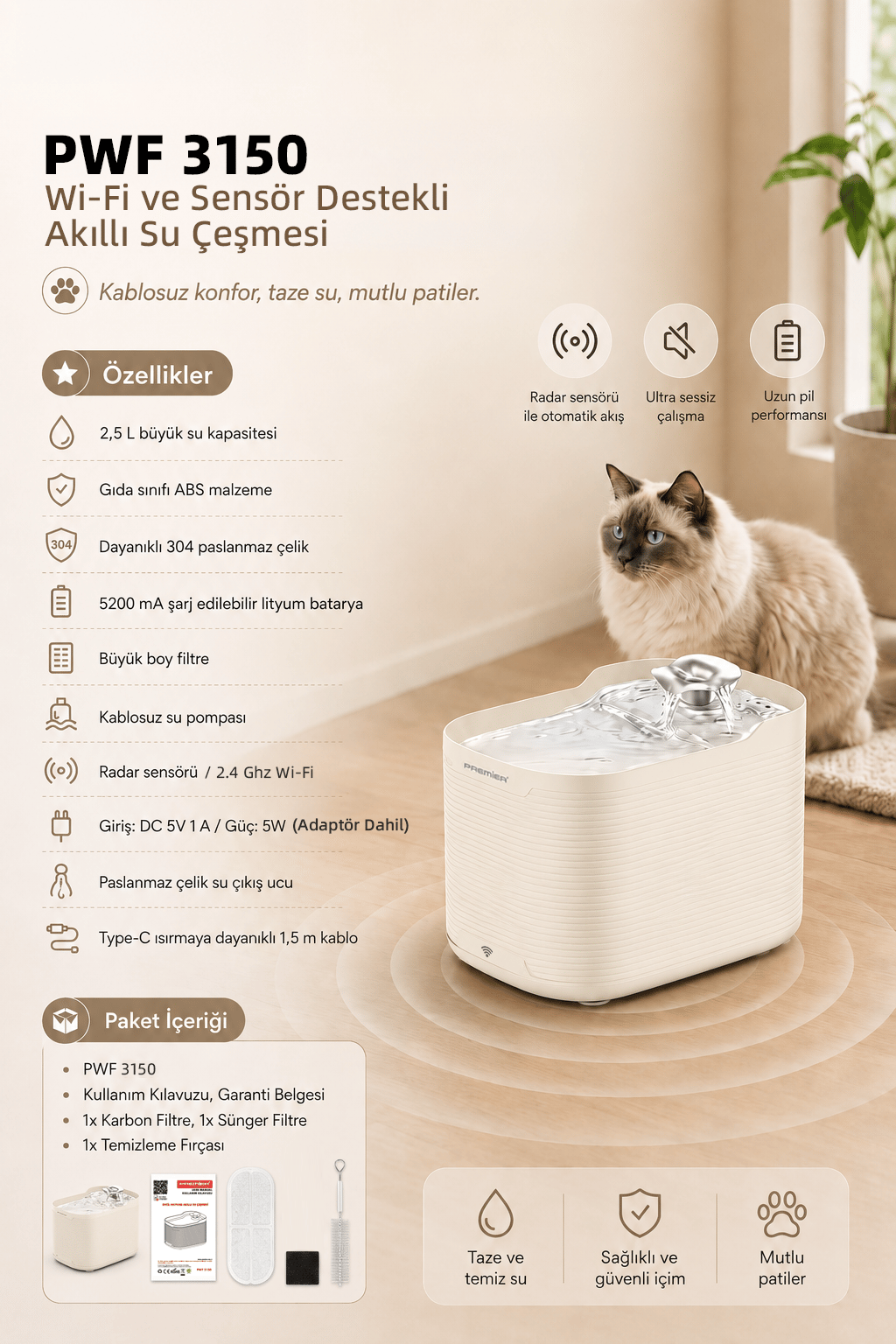 PWF 3150 Petmate Flowsense Pro - Wi-Fi ve Sensörlü Akıllı Otomatik Kedi Köpek Su Çeşmesi 2,5 L – Paslanmaz Çelik - BPA içermez - Krem