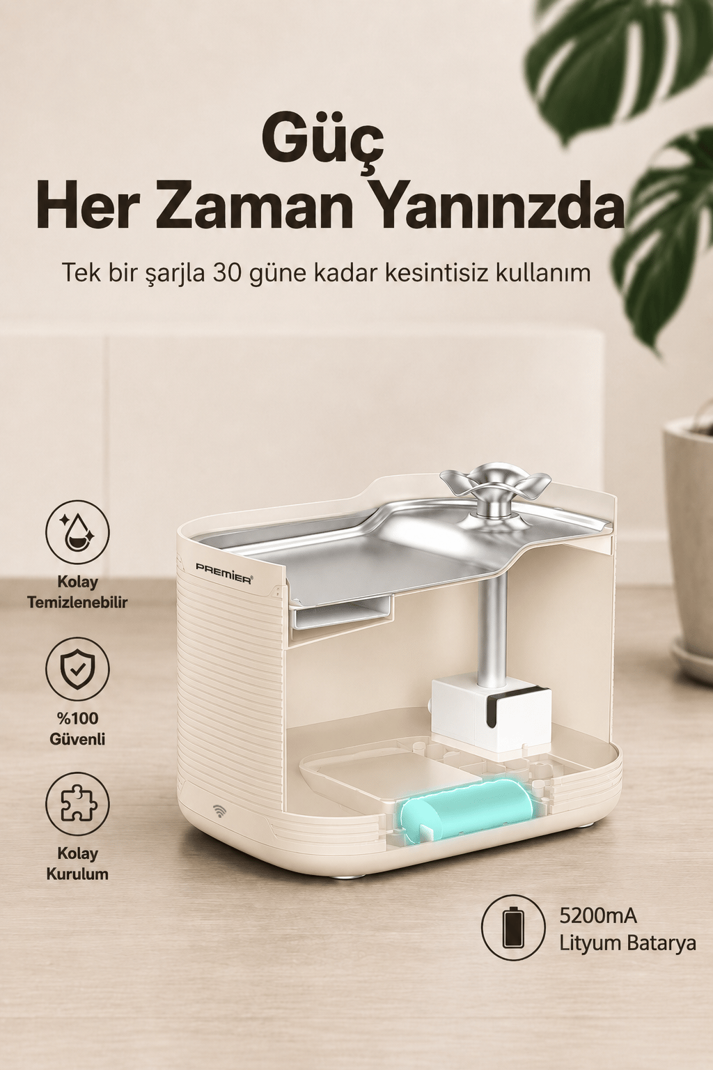PWF 3150 Petmate Flowsense Pro - Wi-Fi ve Sensörlü Akıllı Otomatik Kedi Köpek Su Çeşmesi 2,5 L – Paslanmaz Çelik - BPA içermez - Krem
