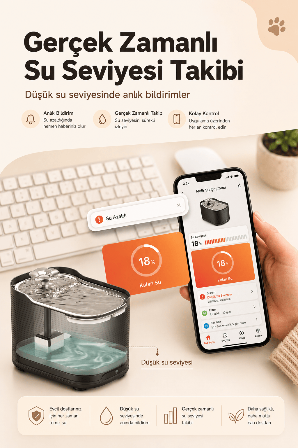 PWF 3150 Petmate Flowsense Pro - Wi-Fi ve Sensörlü Akıllı Otomatik Kedi Köpek Su Çeşmesi 2,5 L – Paslanmaz Çelik - BPA içermez - Siyah