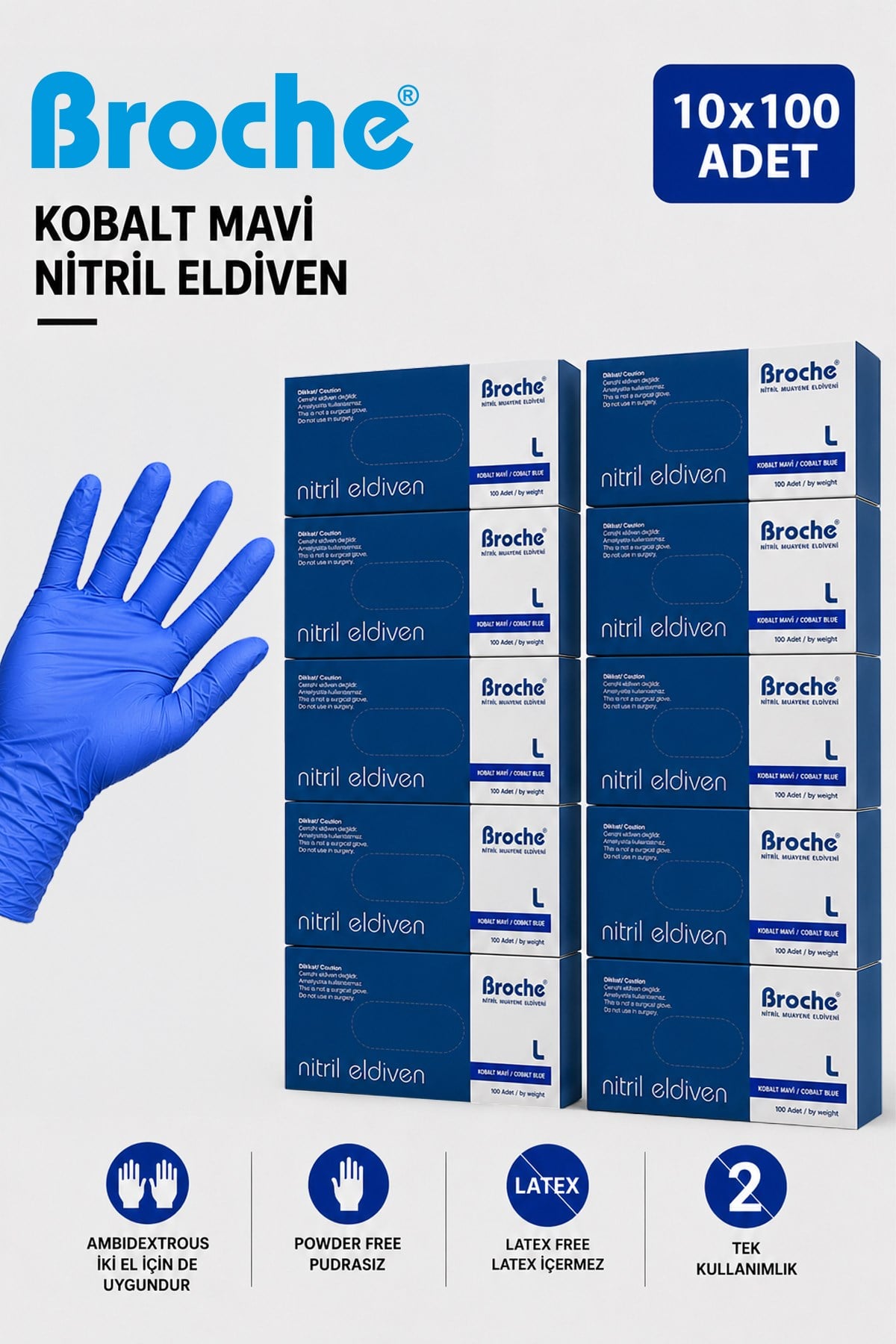 PUDRASIZ KOBALT MAVİ NİTRİL ELDİVEN L BEDEN 10'LU PAKET