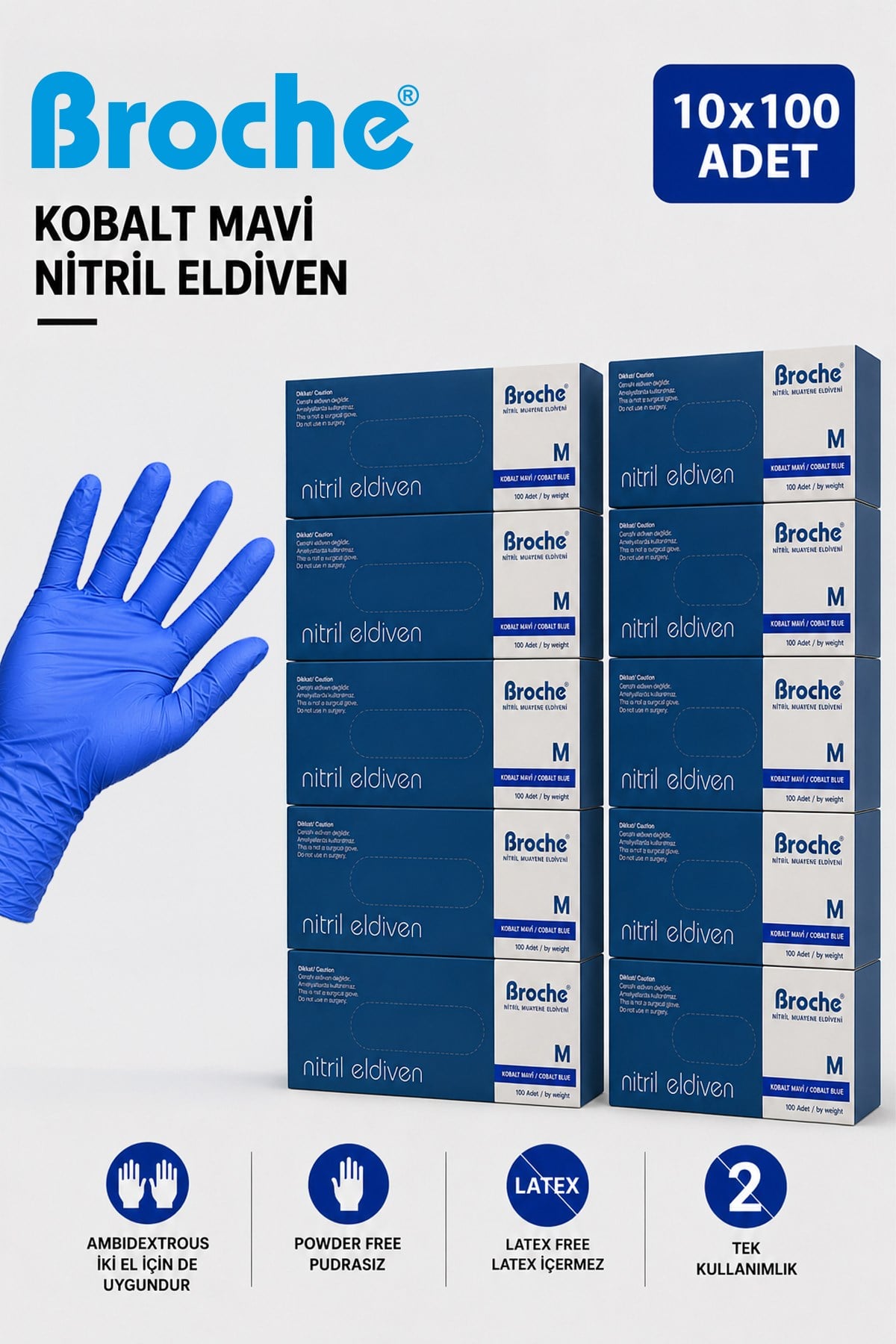PUDRASIZ KOBALT MAVİ NİTRİL ELDİVEN M BEDEN 10'LU PAKET