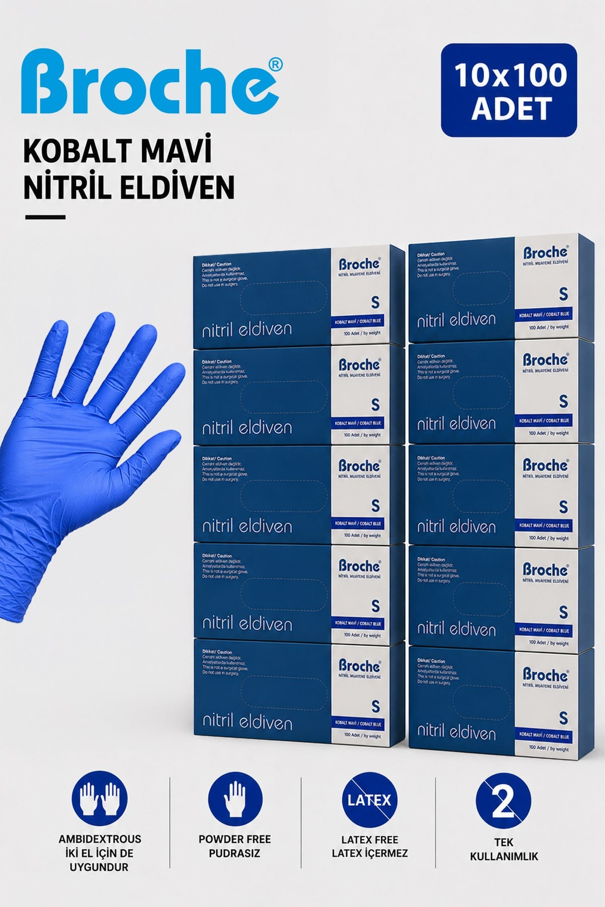 PUDRASIZ KOBALT MAVİ NİTRİL ELDİVEN S BEDEN 10'LU PAKET