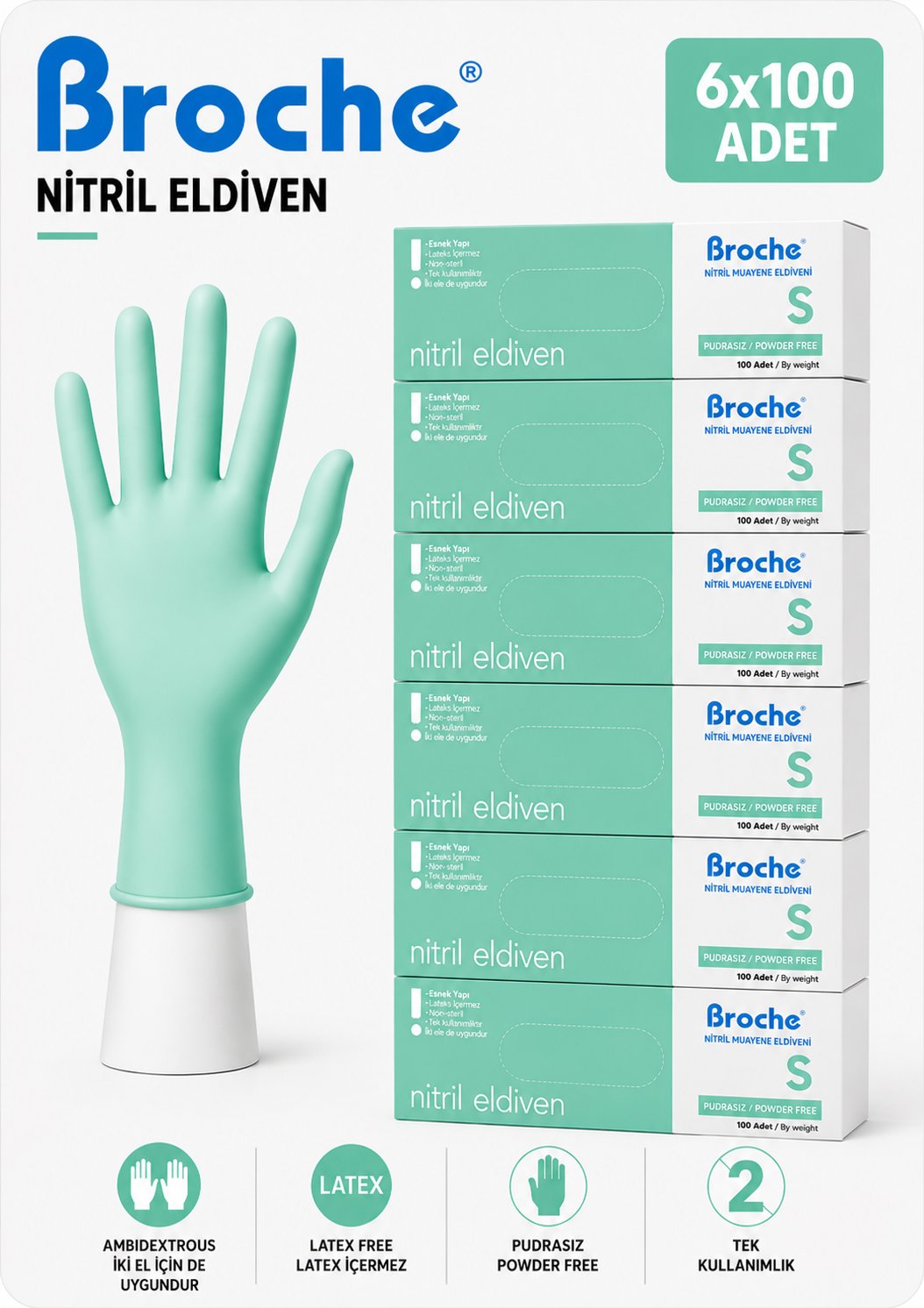 PUDRASIZ NİTRİL ELDİVEN S BEDEN YEŞİL 6'LI PAKET