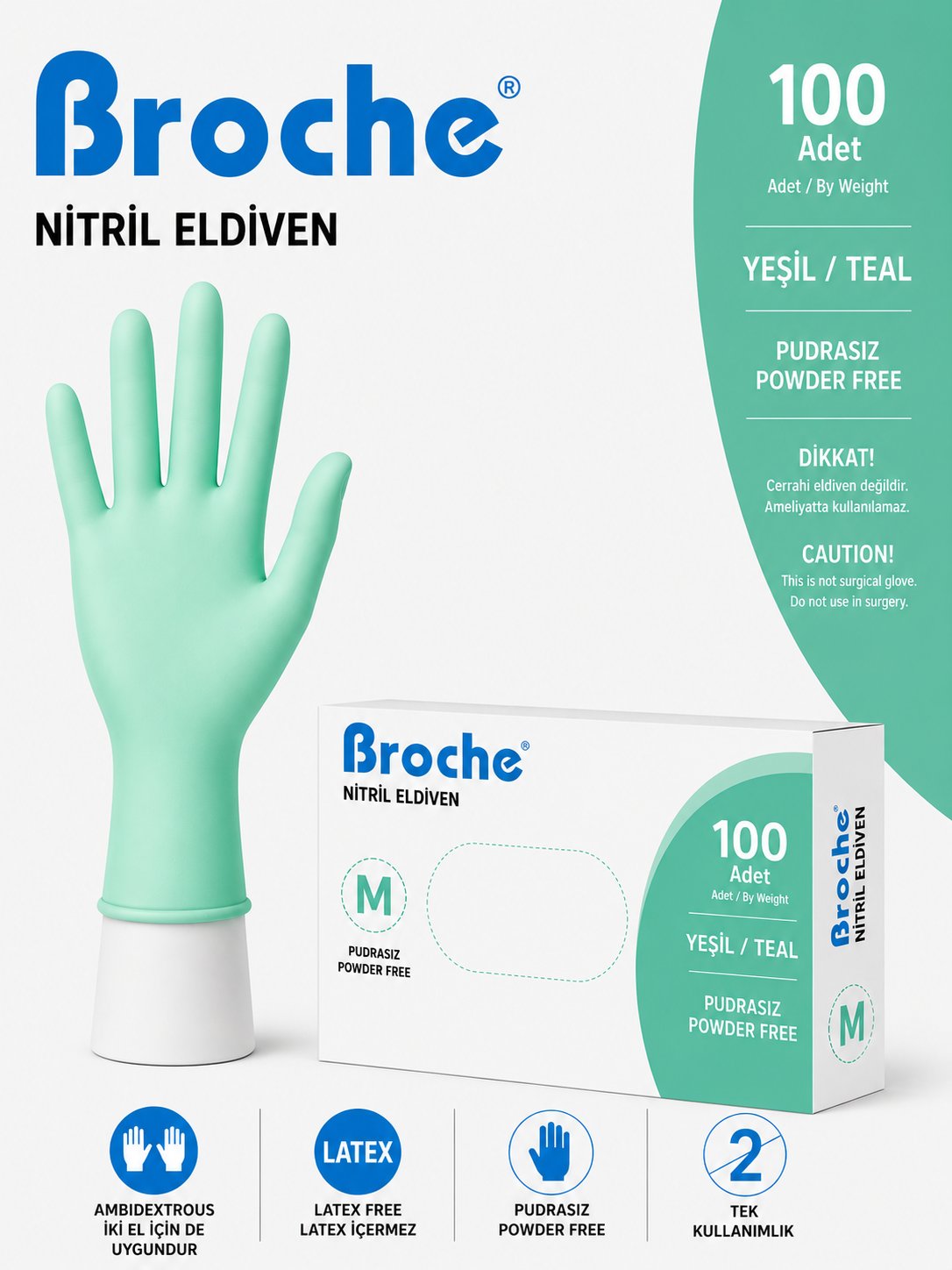 PUDRASIZ NİTRİL ELDİVEN S BEDEN YEŞİL 100'LÜ