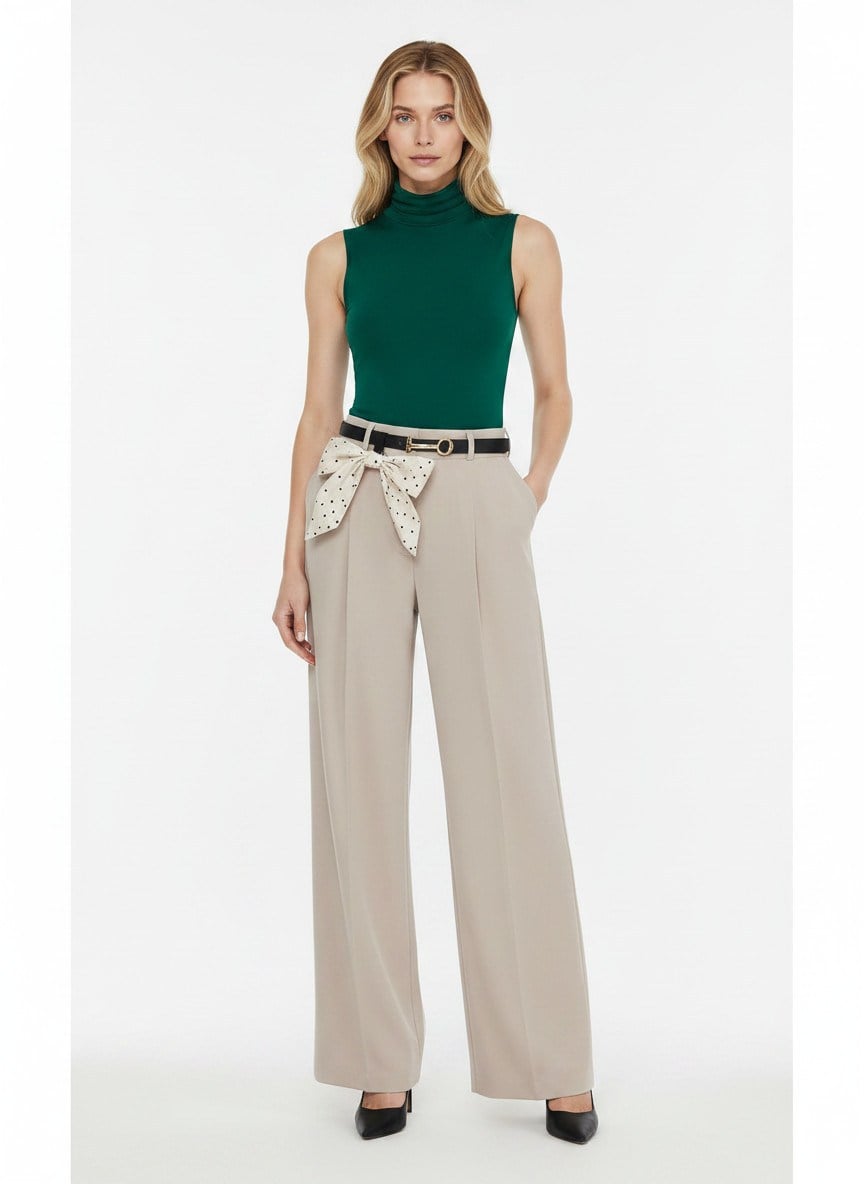 İKOLL Fularlı ve Kemerli Geniş Paça Palazzo Pantolon-TAŞ